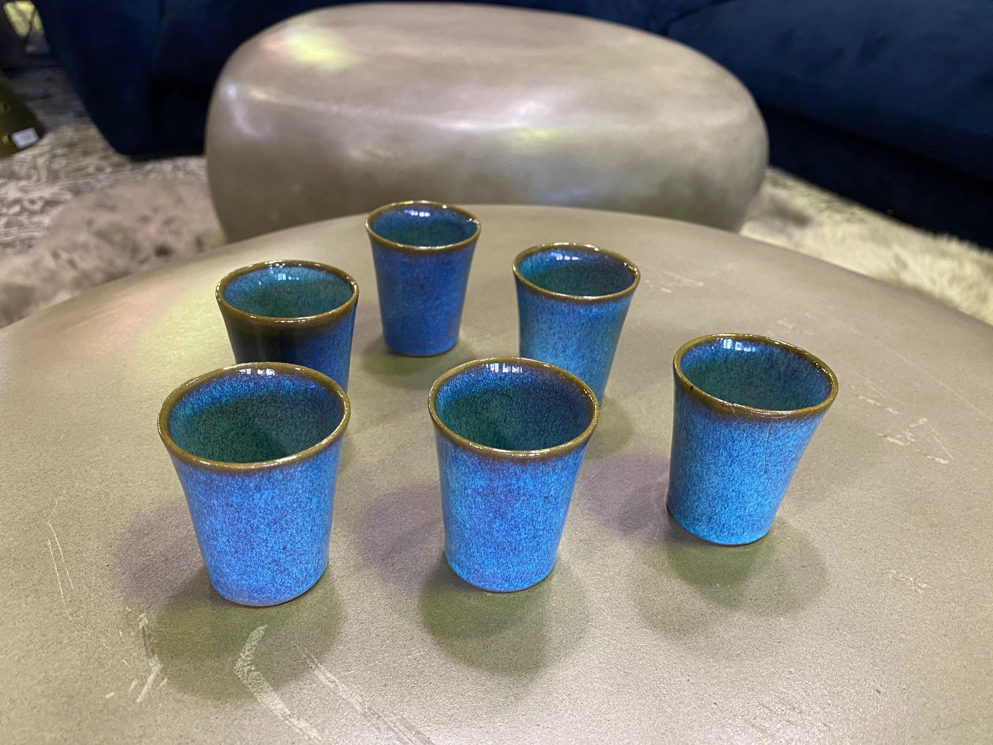 Harrison Mcintosh Signed Mid-Century Modern Set of 6 Pottery Sake Liqueur Cups For Sale 5
