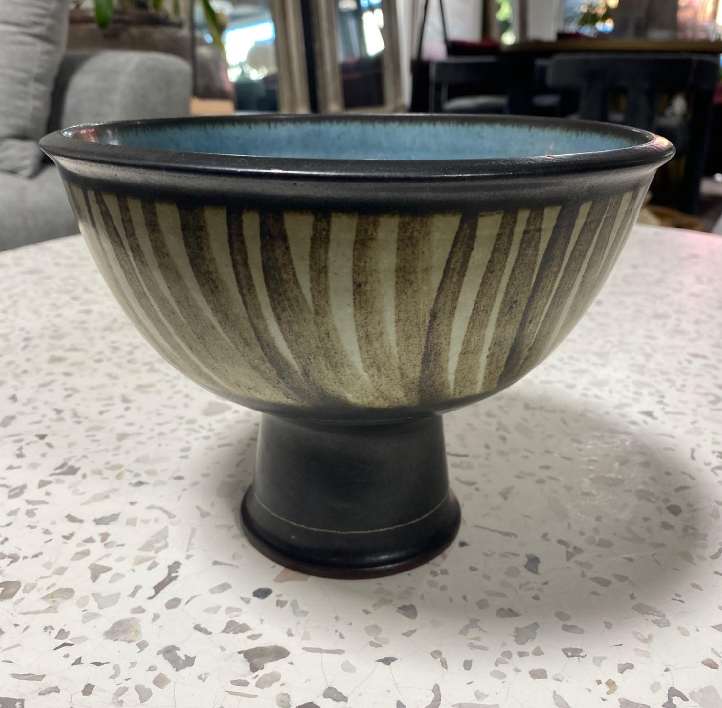 An exquisitely designed and decorated large striped pedestal bowl by renowned American West Coast Californian master ceramist/potter Harrison Mcintosh who was famed for his Mid-Century Modern style of ceramics.

Mcintosh's works have been