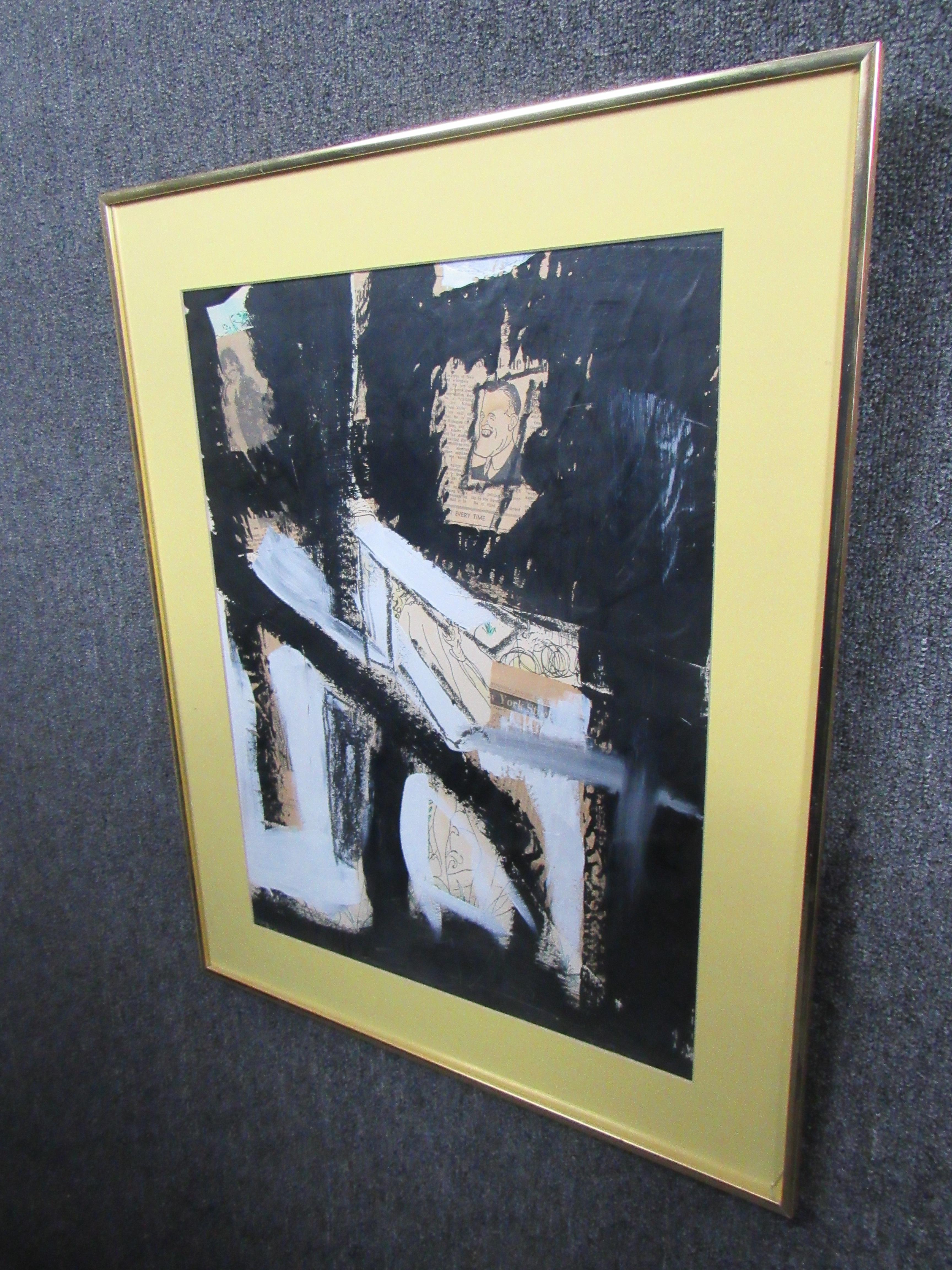 Terrific abstract modernist mixed media collage by American artist Dave Mac. Displays a wonderful pop art influence juxtaposed with stark black expressionism. The artist has signed and titled the piece on the back of the frame. Please confirm item