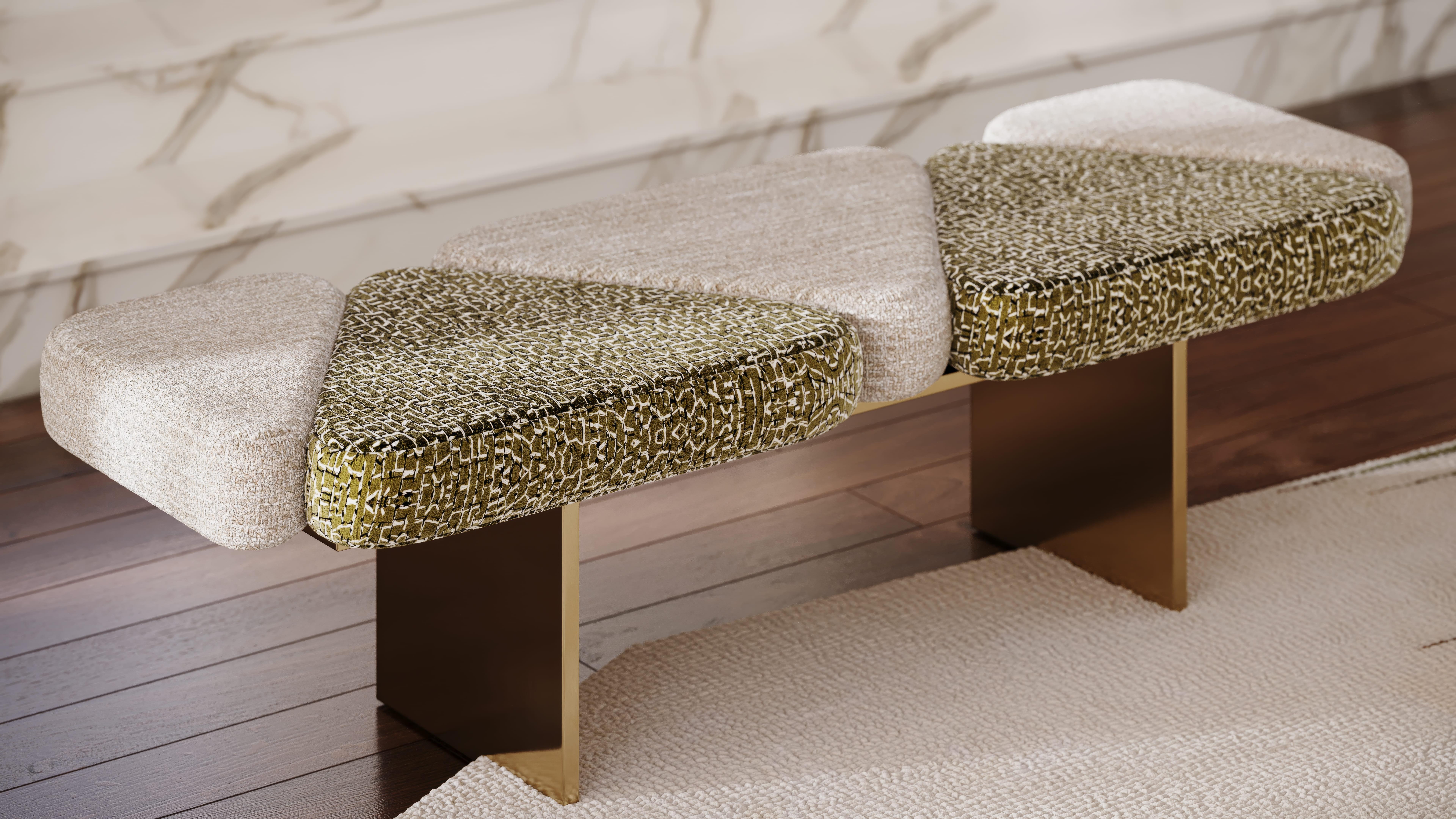 The Harrison Bench is a bold statement of modern design, seamlessly blending geometric precision with plush comfort. Its sculptural silhouette, featuring asymmetrical upholstered cushions, creates a dynamic visual rhythm, while the sleek metal base