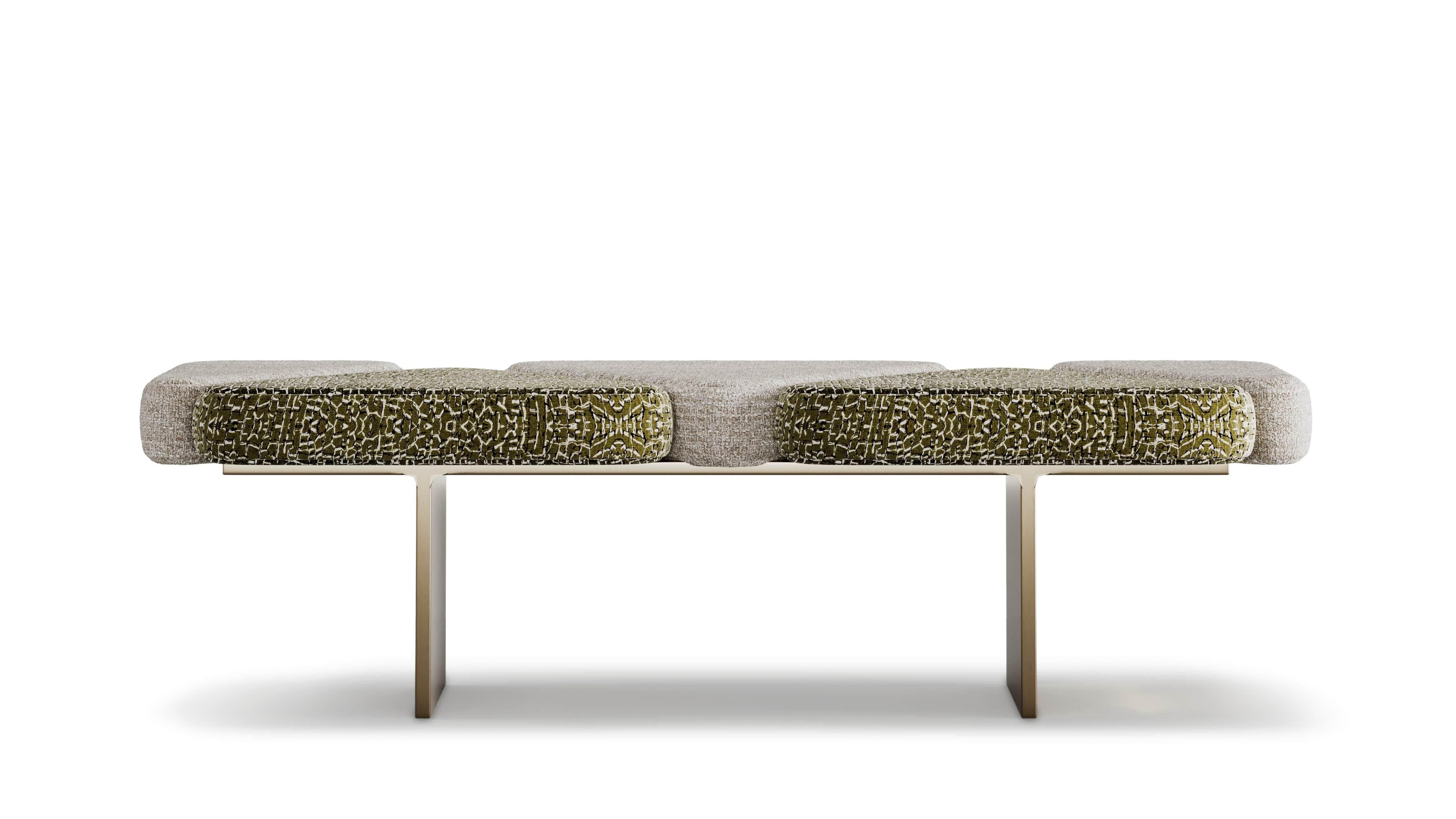 Portuguese Harrison Bench With Artisan Prism Sleek Fabric For Sale