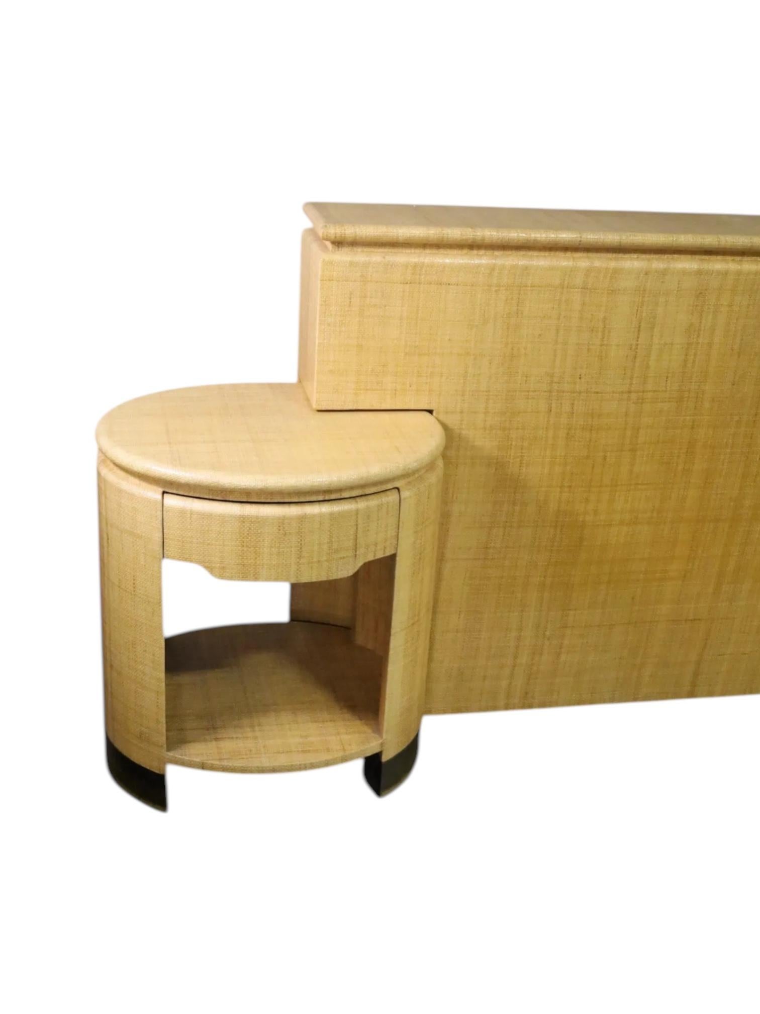 American Harrison Van Horn Grasscloth Headboard & Stands For Sale