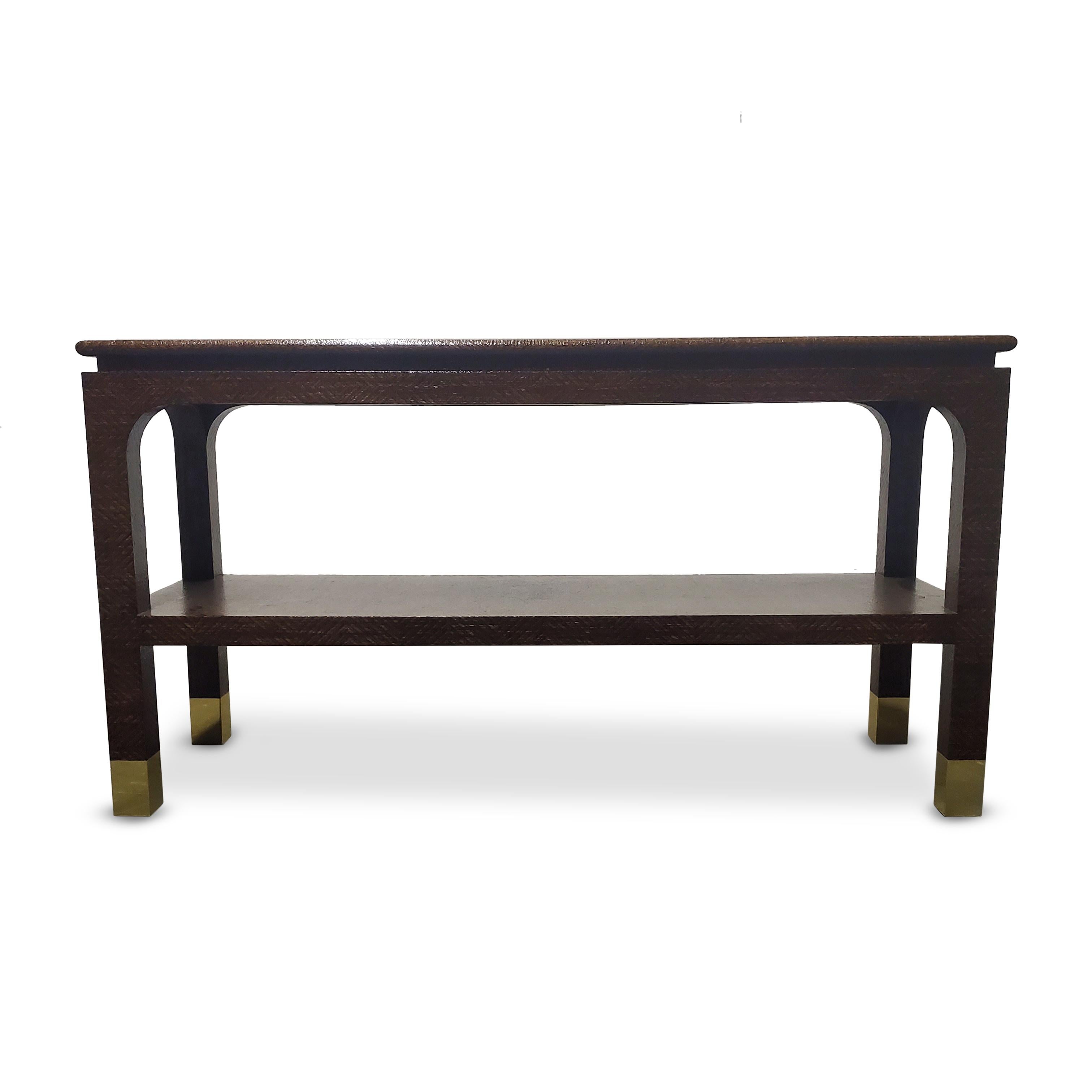 Harrison Van Horn Raffia and Brass Console Table  6