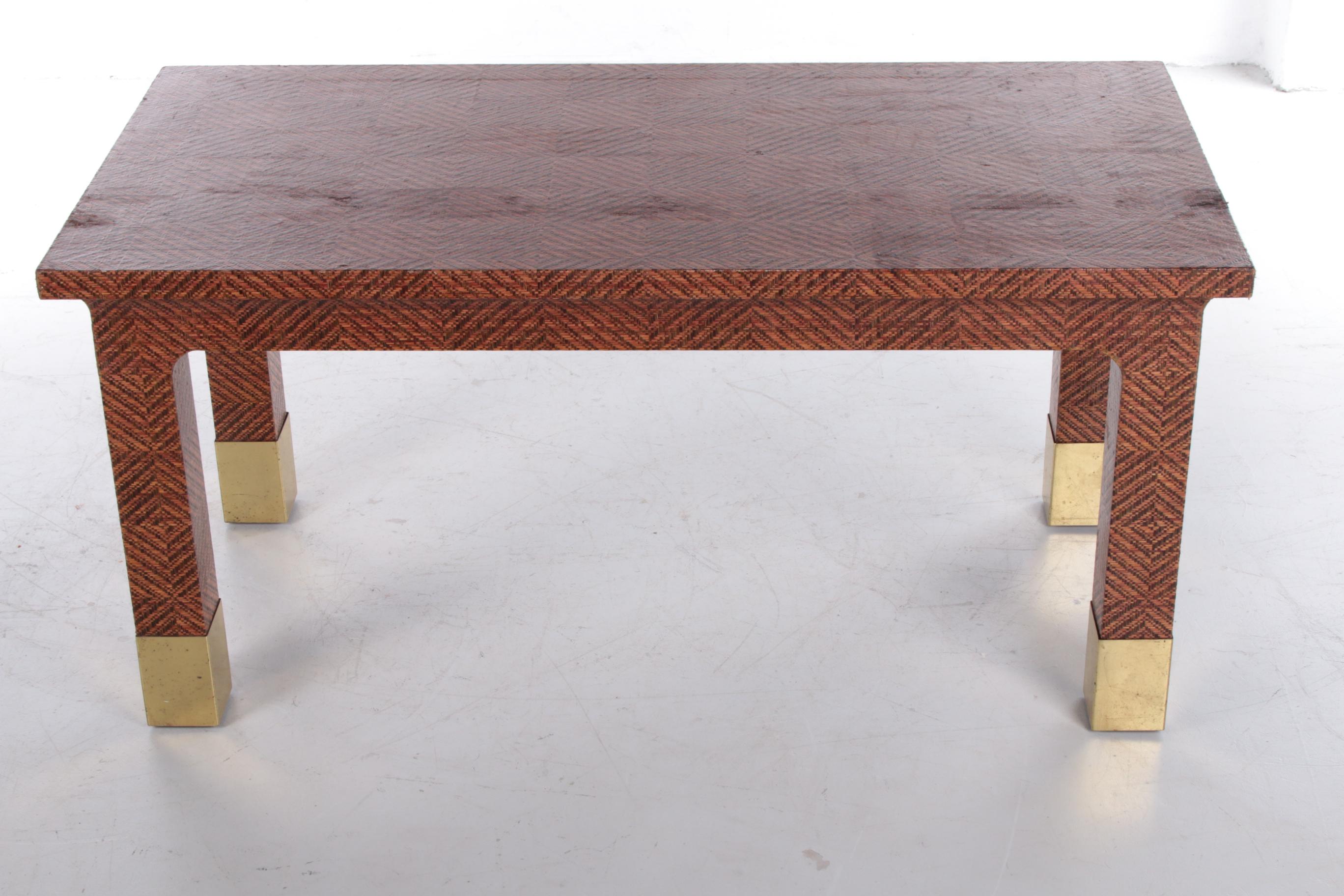 American Harrison Van Horn Raffia and Brass Rectangle Coffee Table, 1970 For Sale