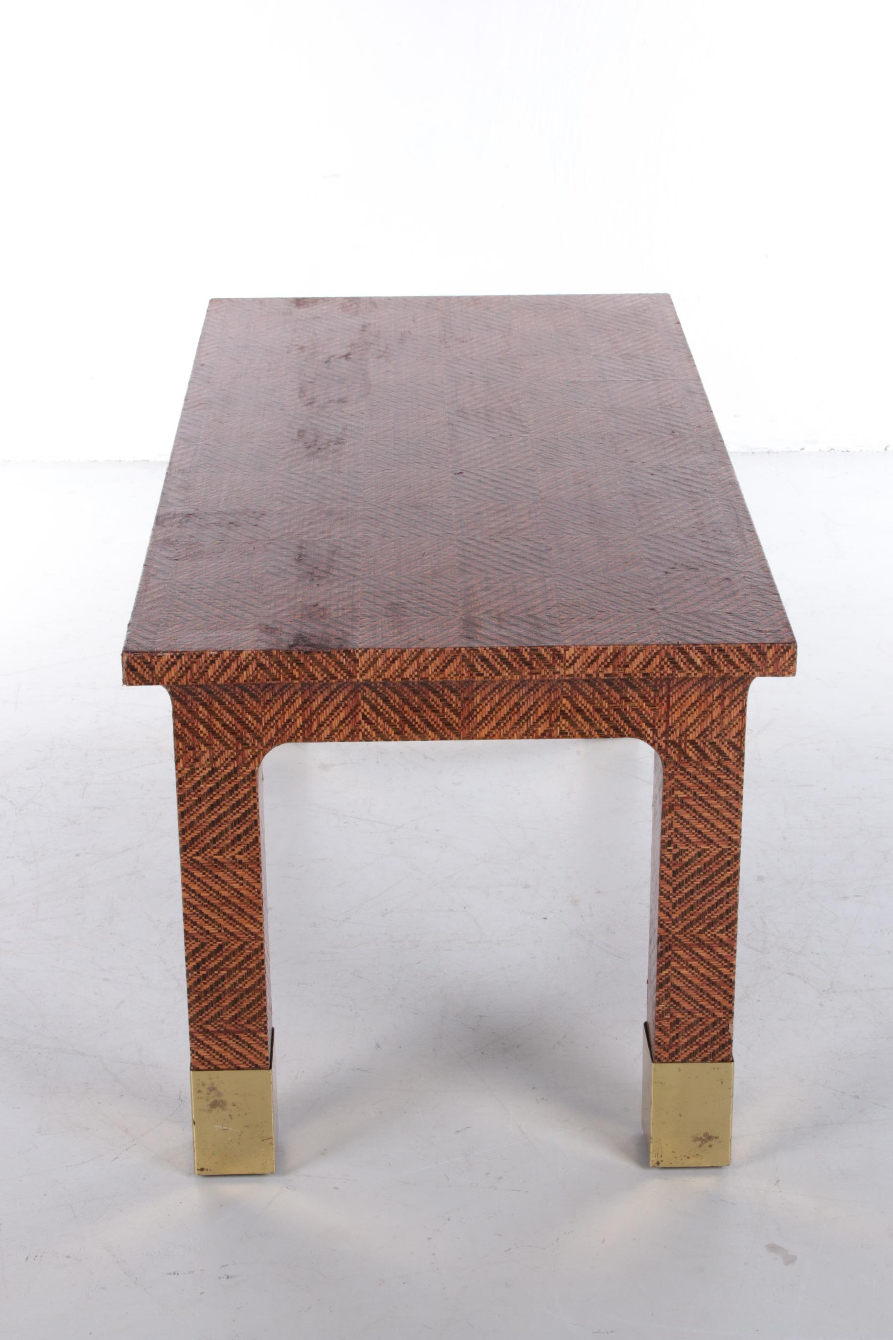 Reclaimed Wood Harrison Van Horn Raffia and Brass Rectangle Coffee Table, 1970 For Sale