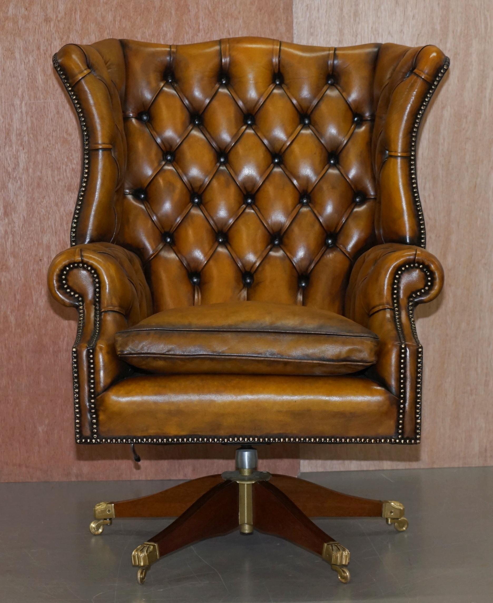 We are delighted to offer for sale this lovely fully restored hand dyed wingback Chesterfield office chair from Harrods London

A stunning and very comfortable chair, it has been fully restored to include being washed back then hand dyed this
