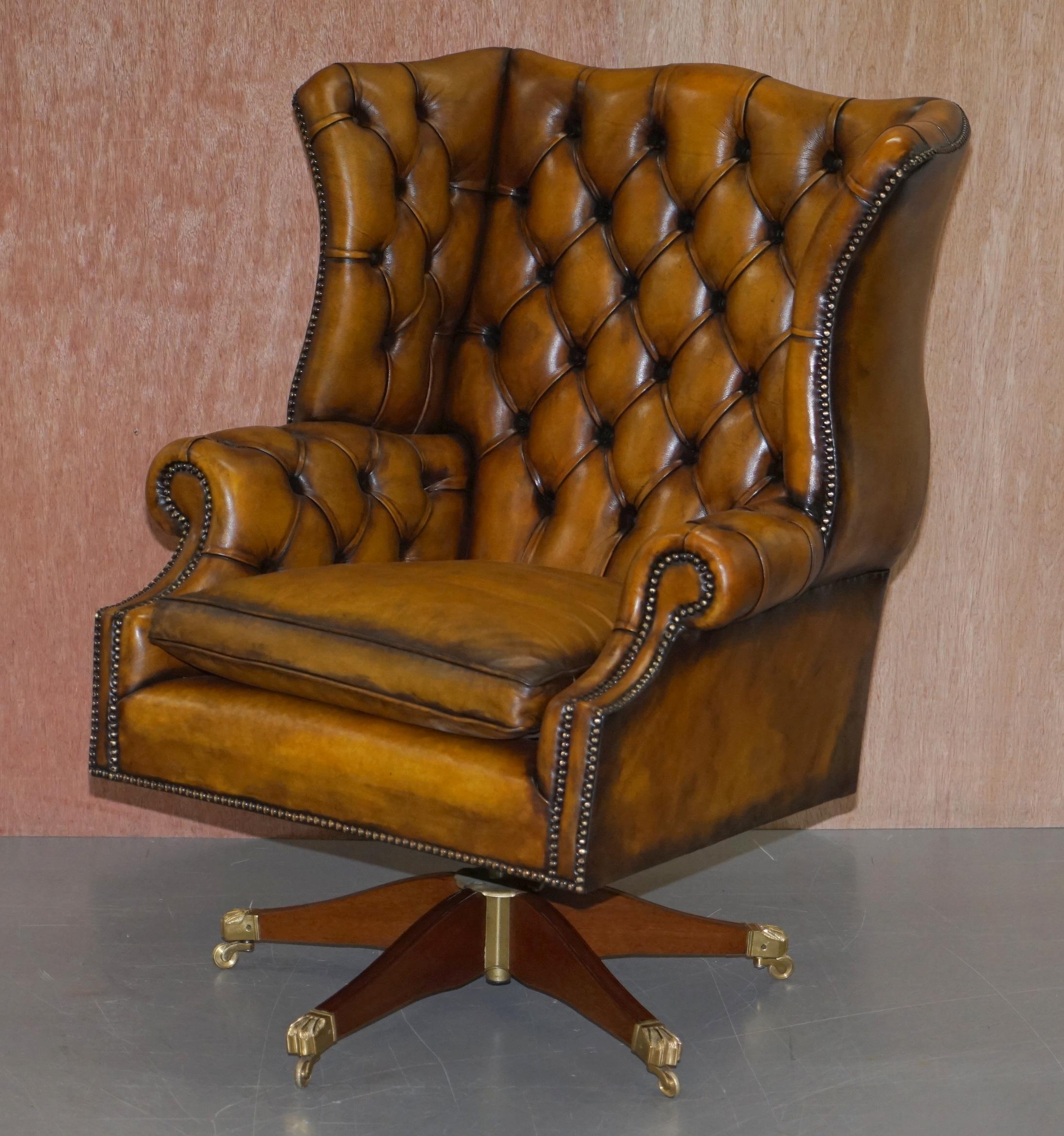 English Harrods 1960s Fully Restored Aged Leather Chesterfield Directors Office Chair