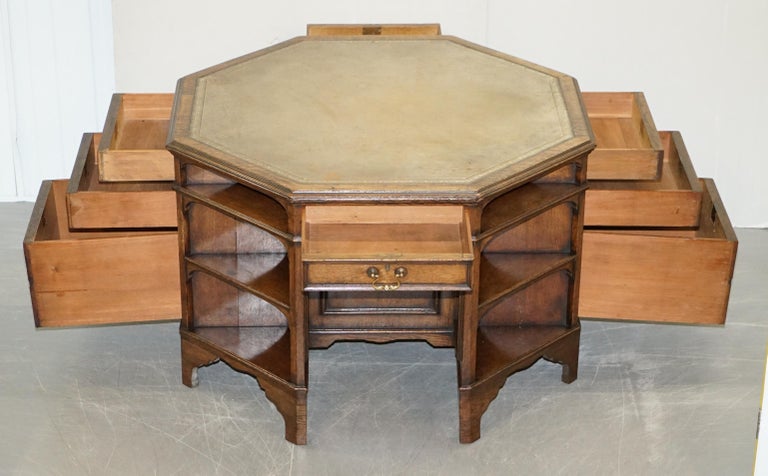 Harrods Antique English Library Two Person Octagonal Partner Desk Inc Bookcases For Sale 5