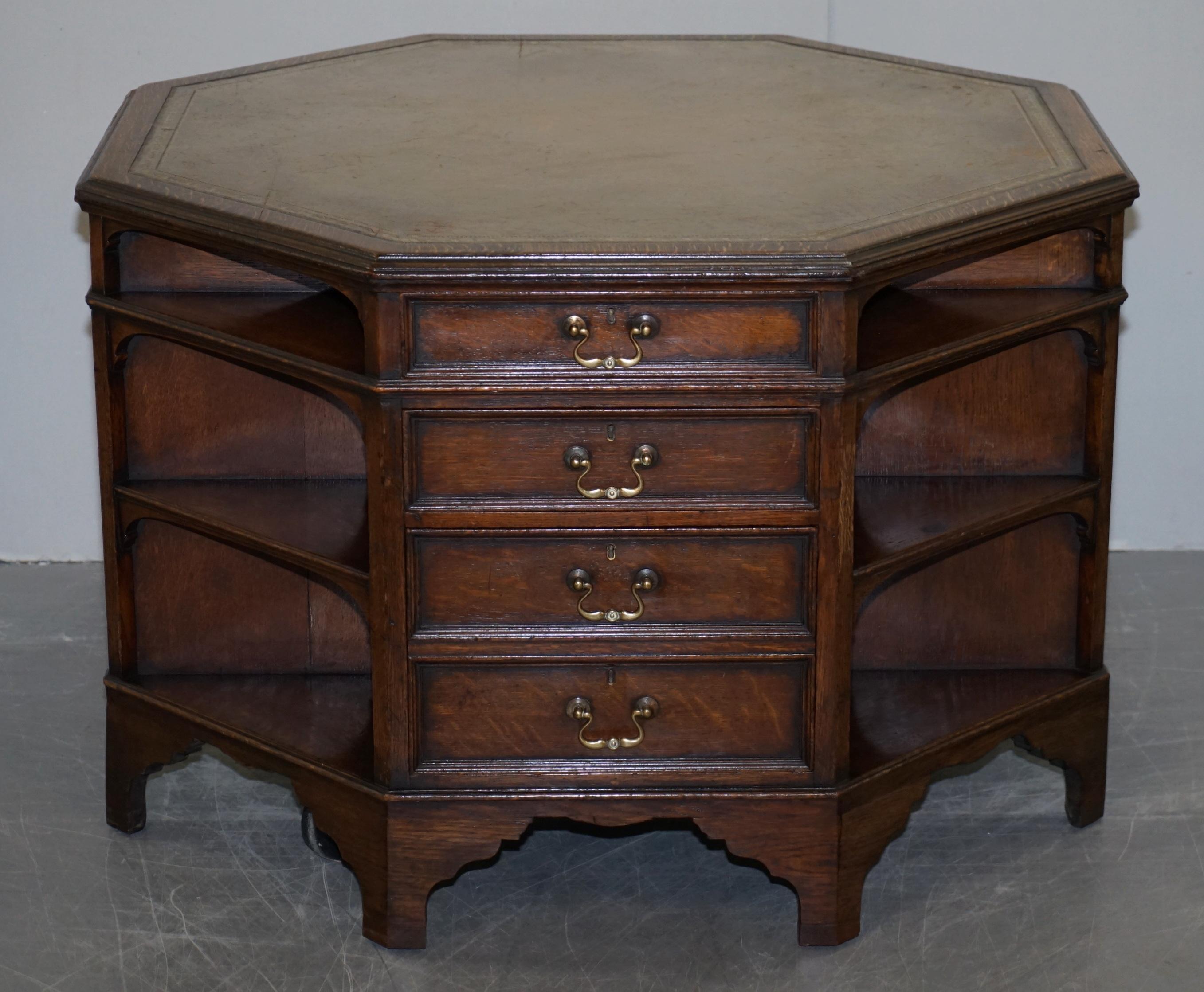 Late Victorian Harrods Antique English Library Two Person Octagonal Partner Desk Inc Bookcases