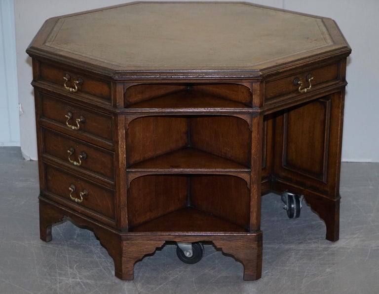 Harrods Antique English Library Two Person Octagonal Partner Desk Inc Bookcases For Sale 2