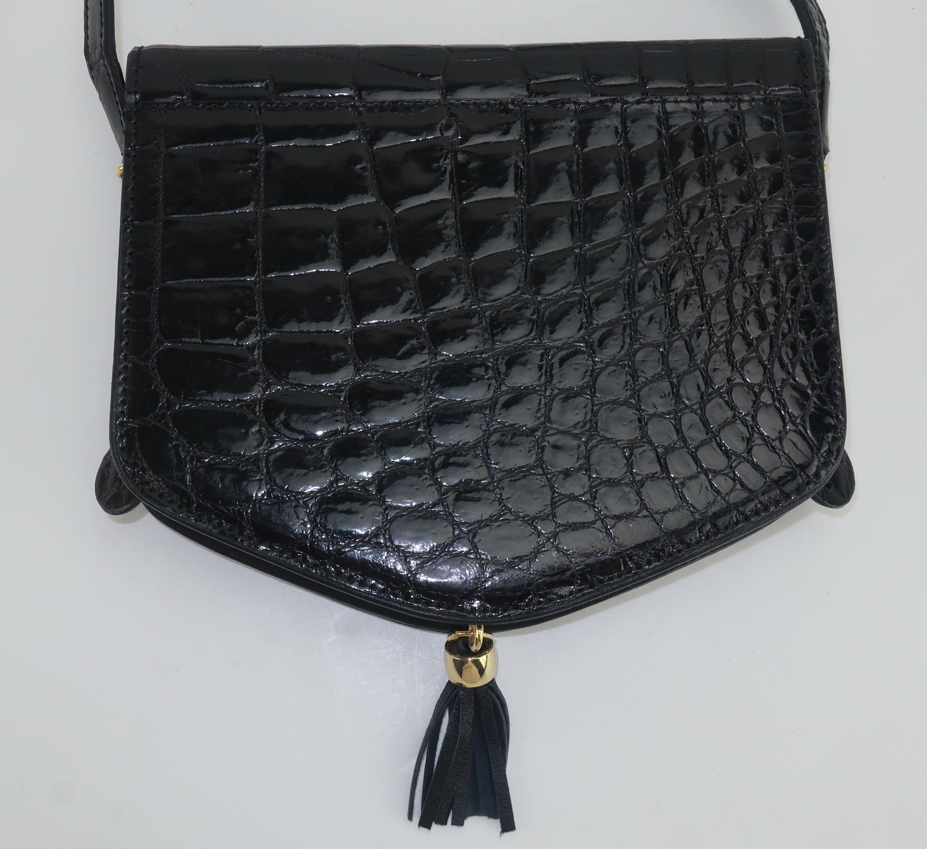 Harrods Black Alligator Embossed Leather French Handbag 2