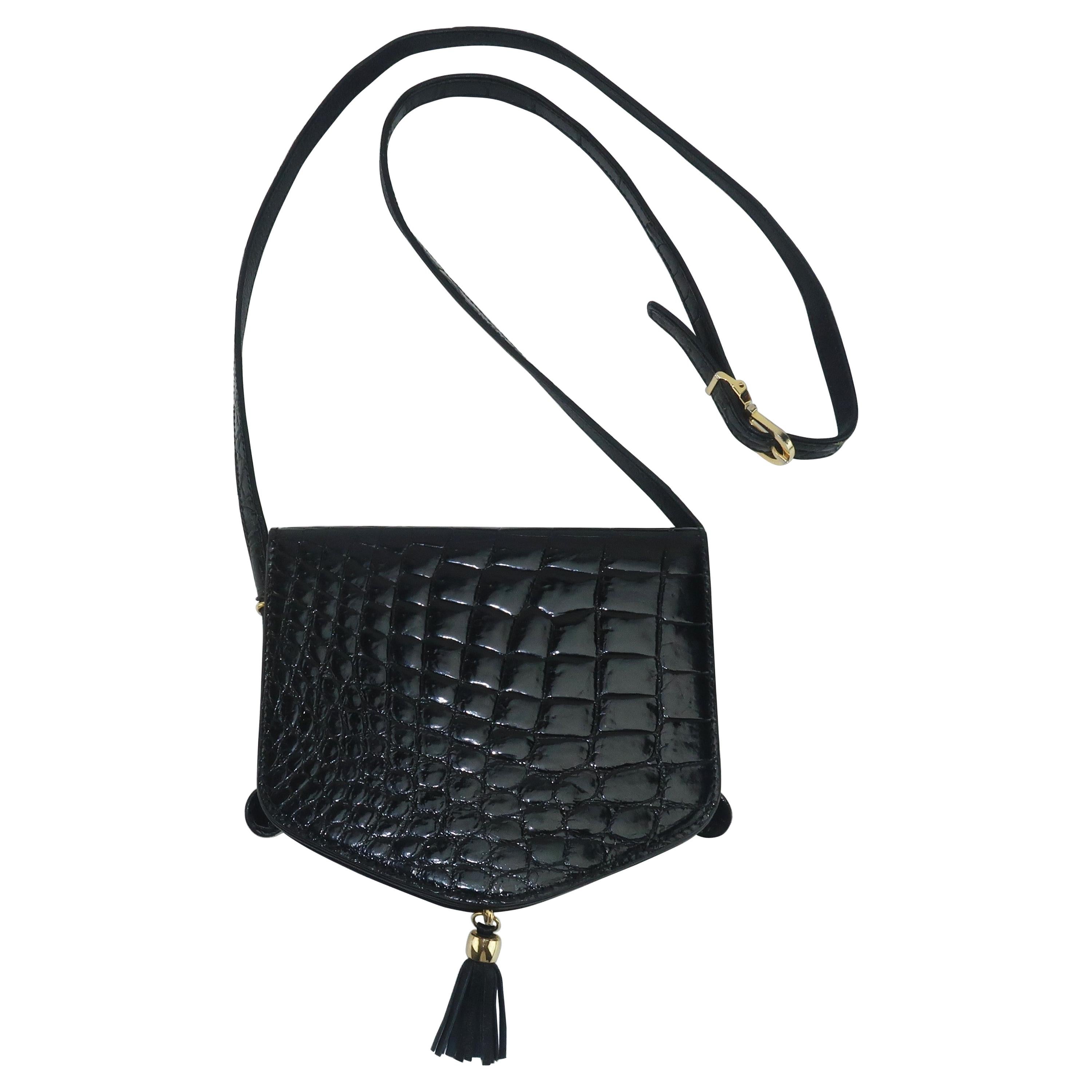 Harrods Black Alligator Embossed Leather French Handbag