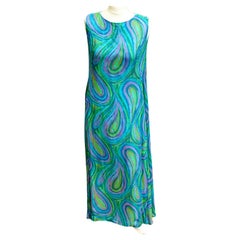 Retro Harrods Blue Green and Mauve Silk Chiffon Maxi Dress circa 1960s