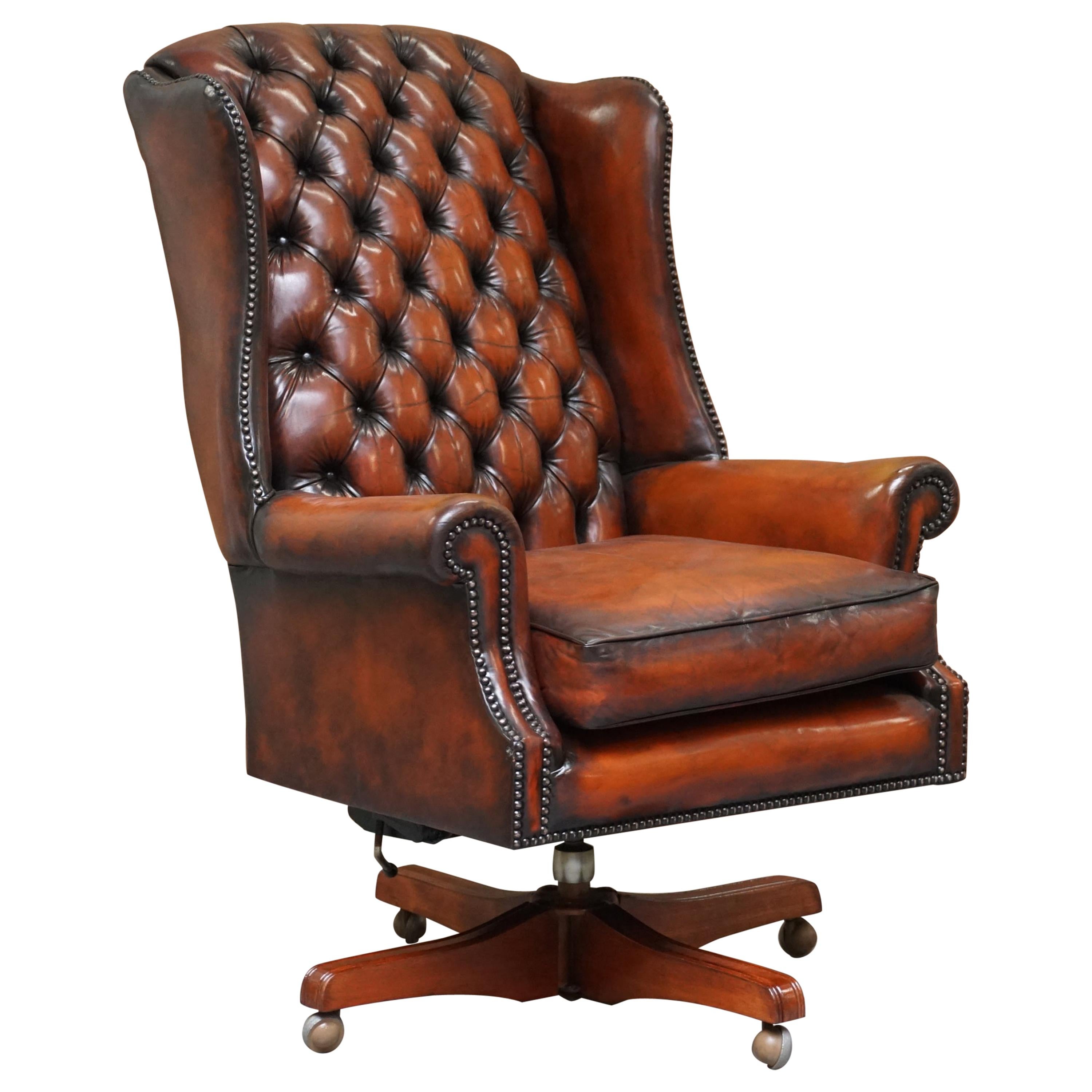 Harrods Chesterfield Restored Cigar Brown Leather Directors Captains Chair