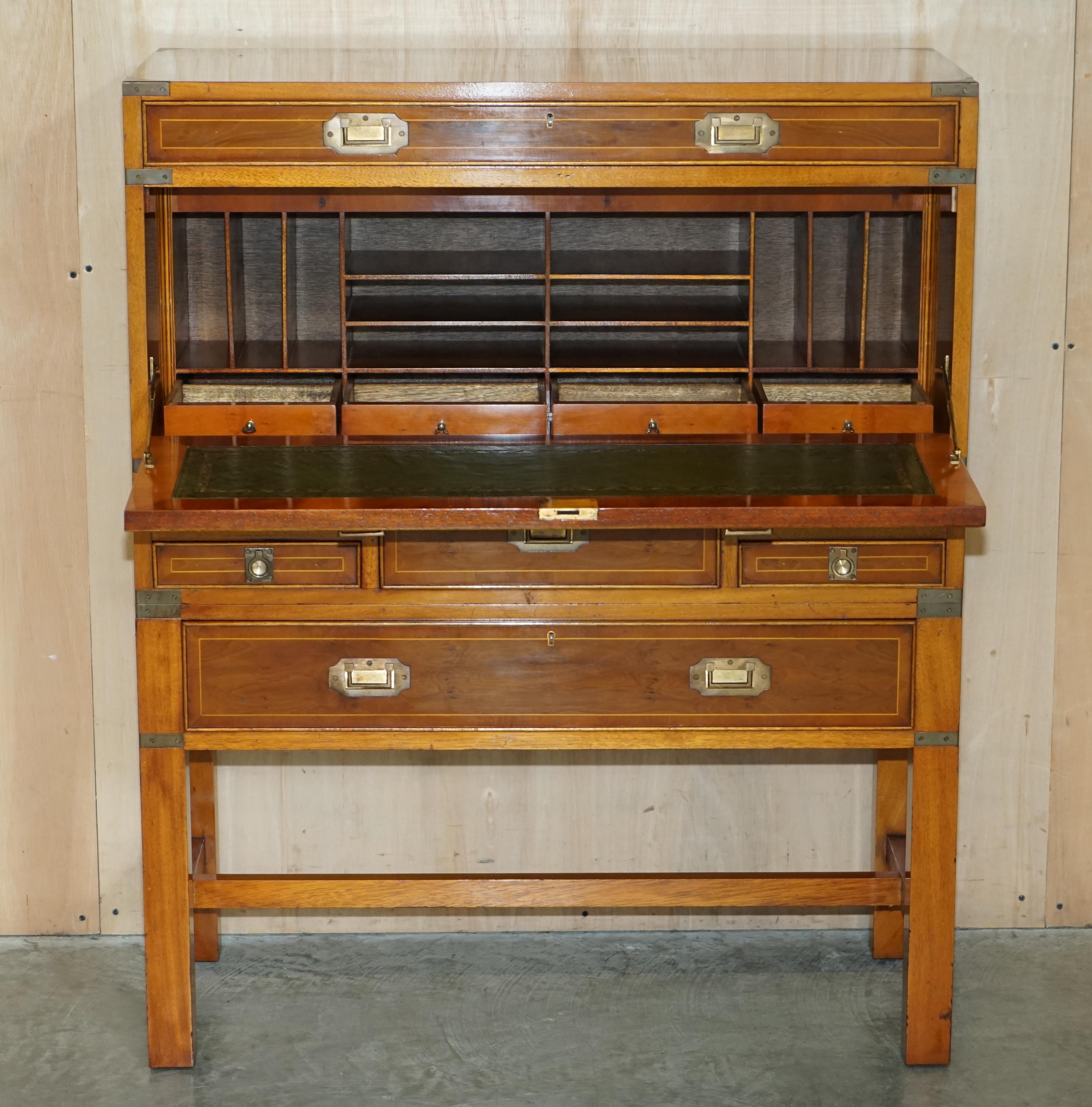 Harrods Kennedy Burr Yew Wood Green Leather Secrataire Desk Chest of Drawers For Sale 7