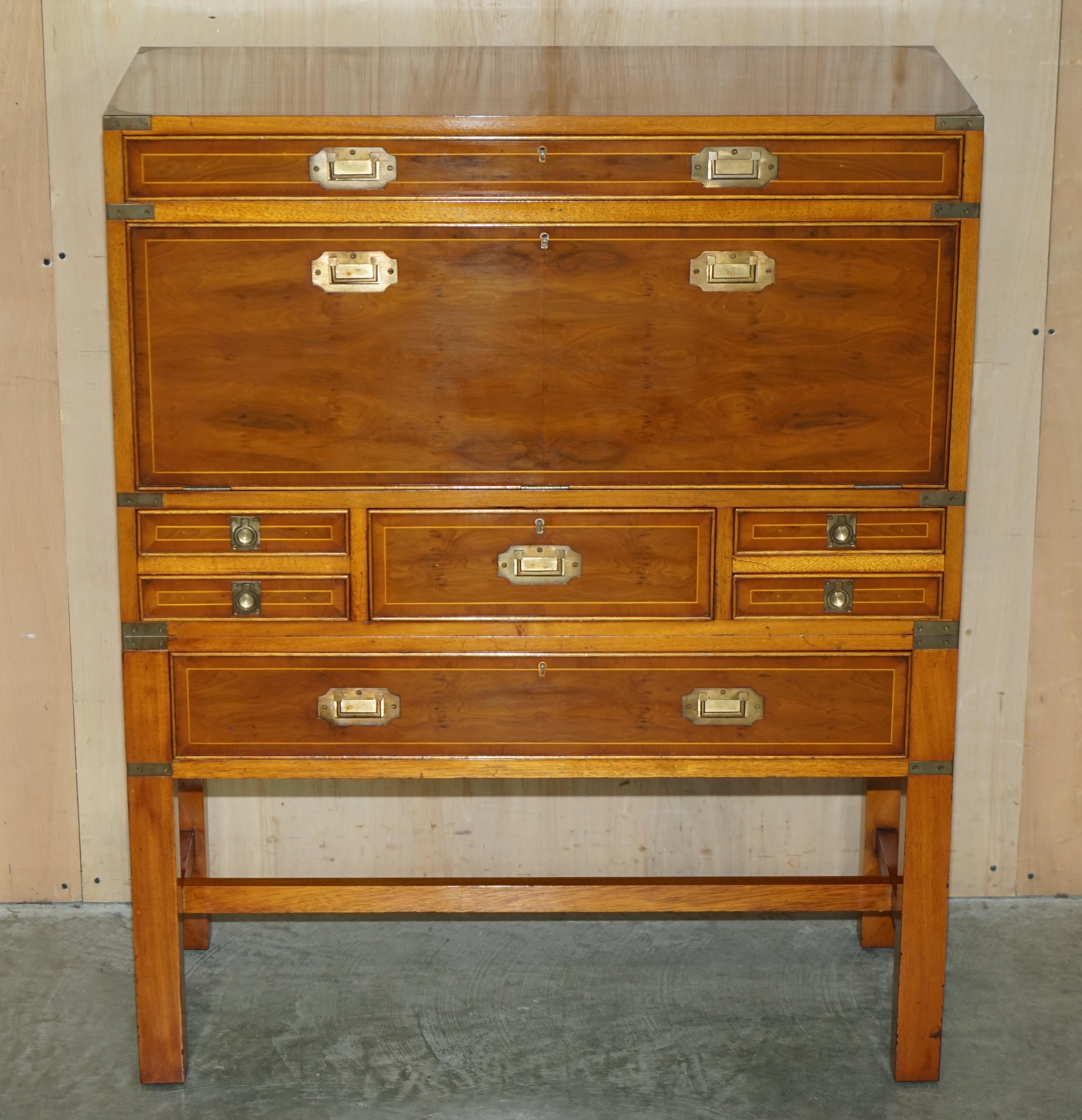 We are delighted to offer for sale this lovely hand made in England Harrods Kennedy Military Campaign, Secrataire desk with drawers

A very good looking well made and decorative piece. It sits as a campaign chest on stand however it has the