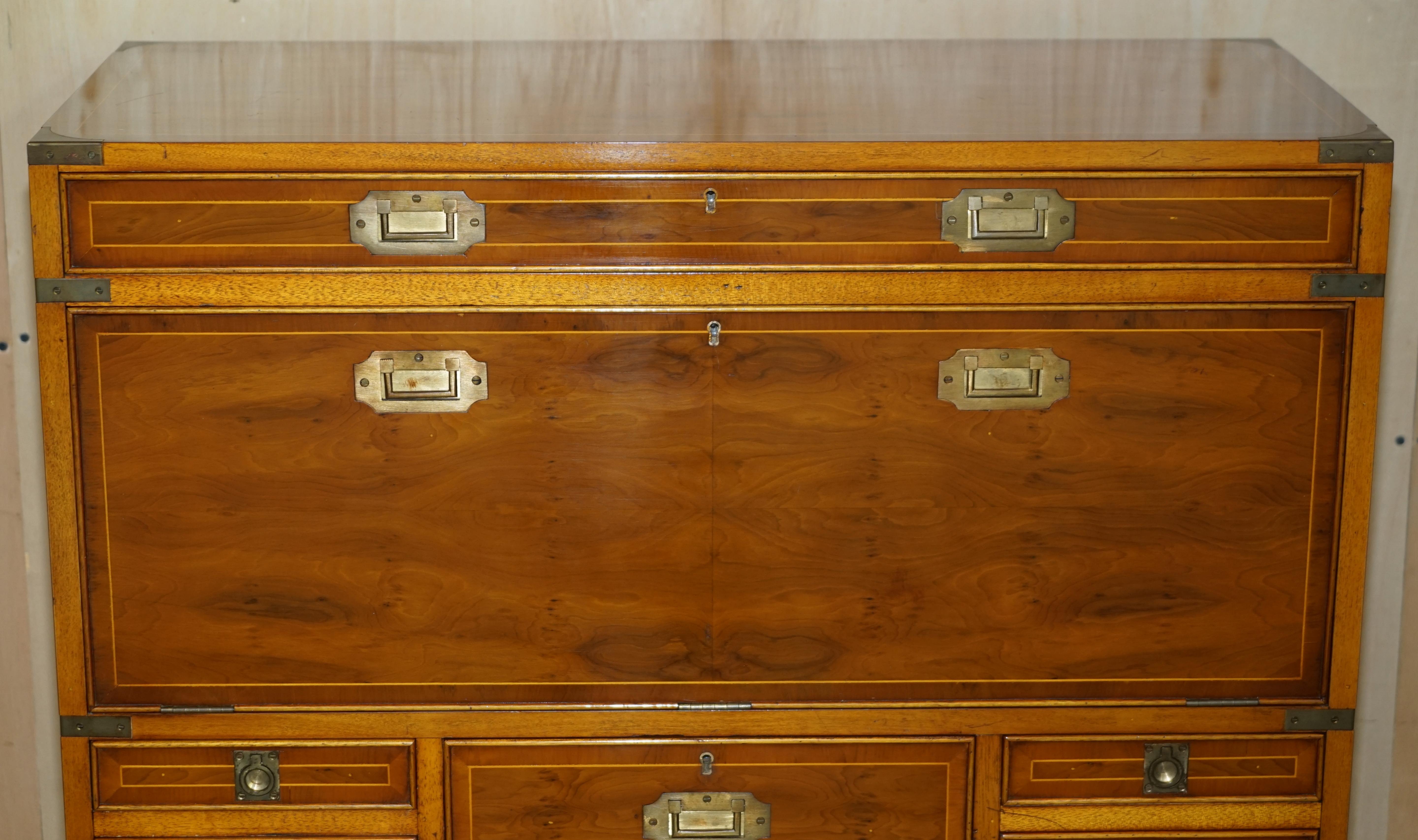 Campaign Harrods Kennedy Burr Yew Wood Green Leather Secrataire Desk Chest of Drawers For Sale