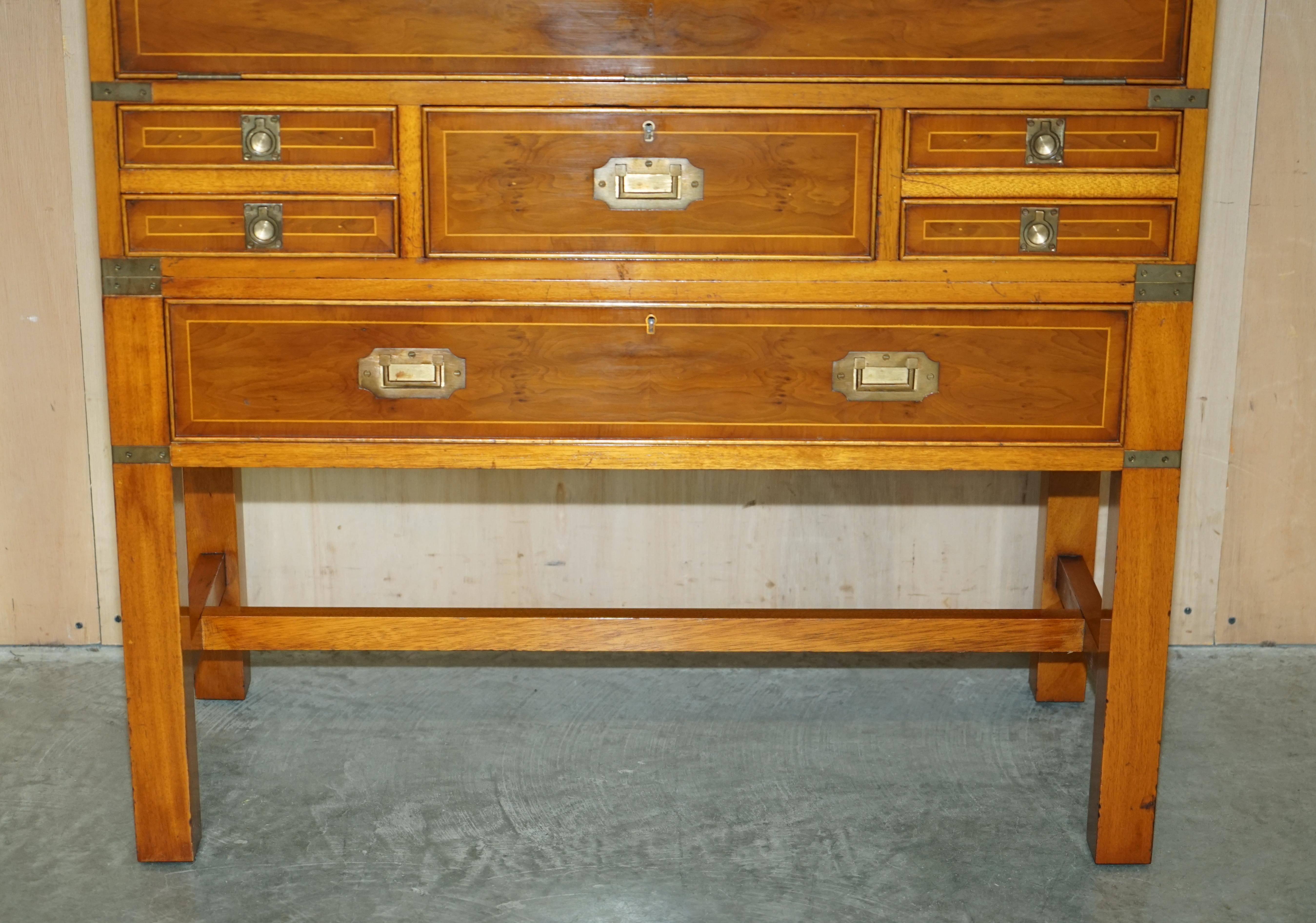 20th Century Harrods Kennedy Burr Yew Wood Green Leather Secrataire Desk Chest of Drawers For Sale