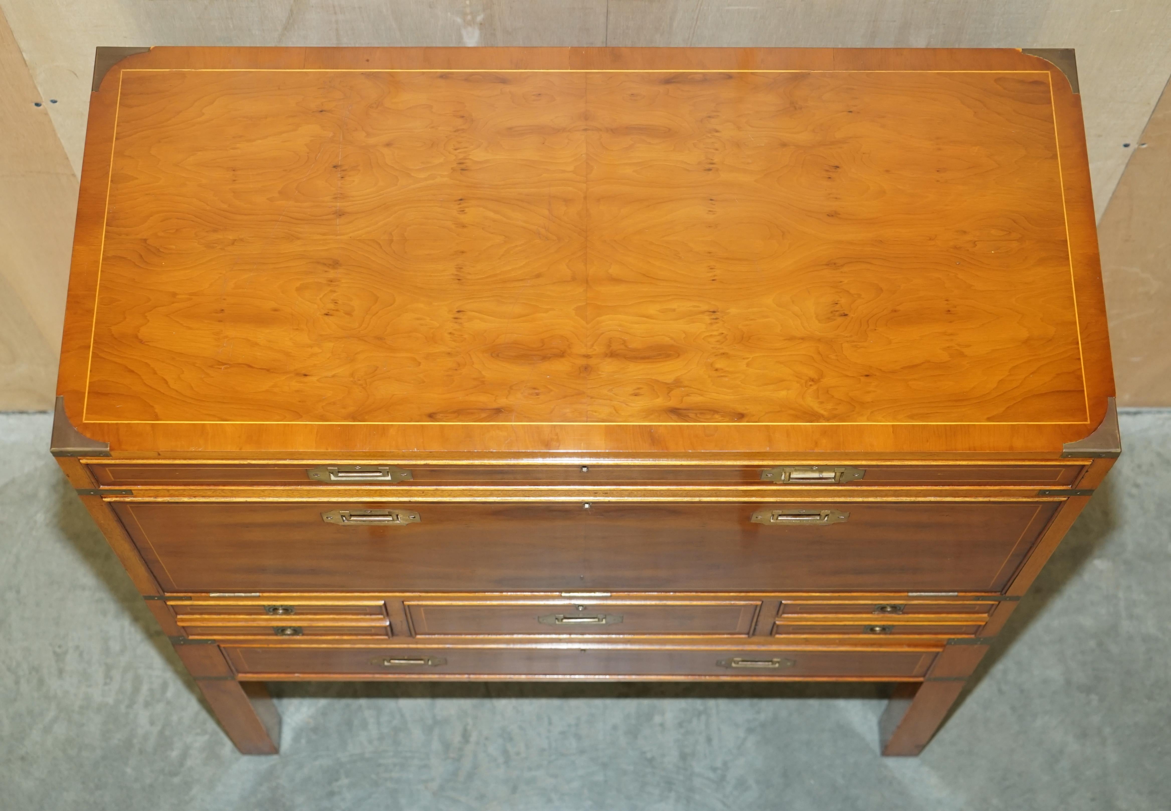 Harrods Kennedy Burr Yew Wood Green Leather Secrataire Desk Chest of Drawers For Sale 2