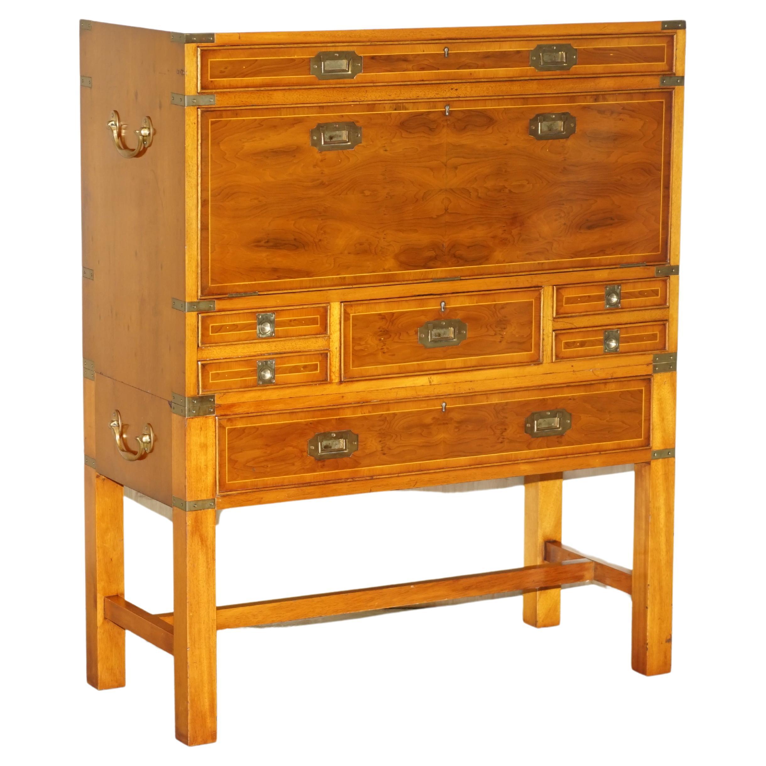 Harrods Kennedy Burr Yew Wood Green Leather Secrataire Desk Chest of Drawers For Sale