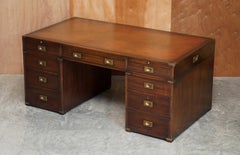 Harrods Kennedy Double Sided Brown Leather Military Campaign Twin Pedestal Desk