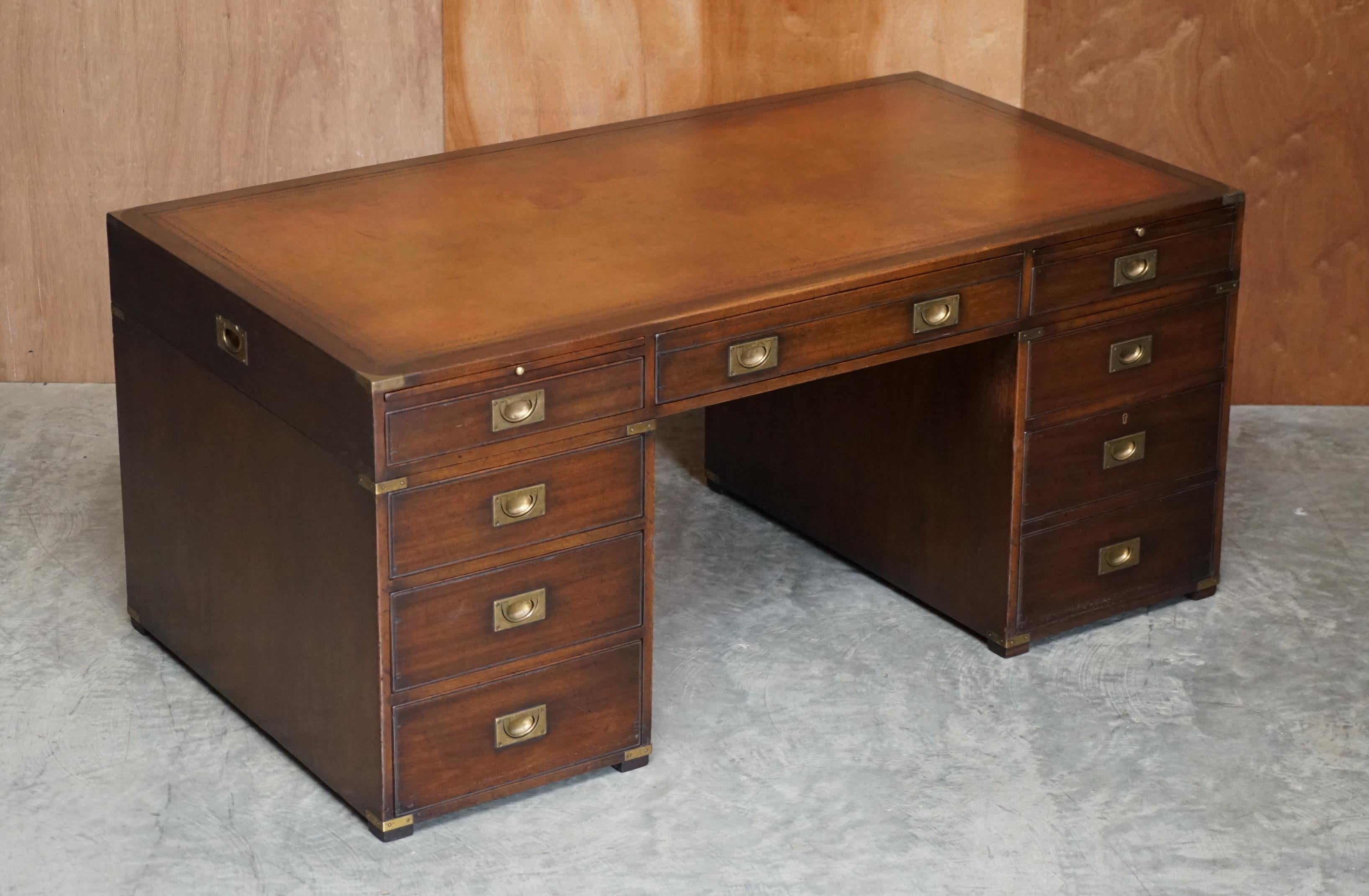 Hand-Crafted Harrods Kennedy Double Sided Brown Leather Military Campaign Twin Pedestal Desk