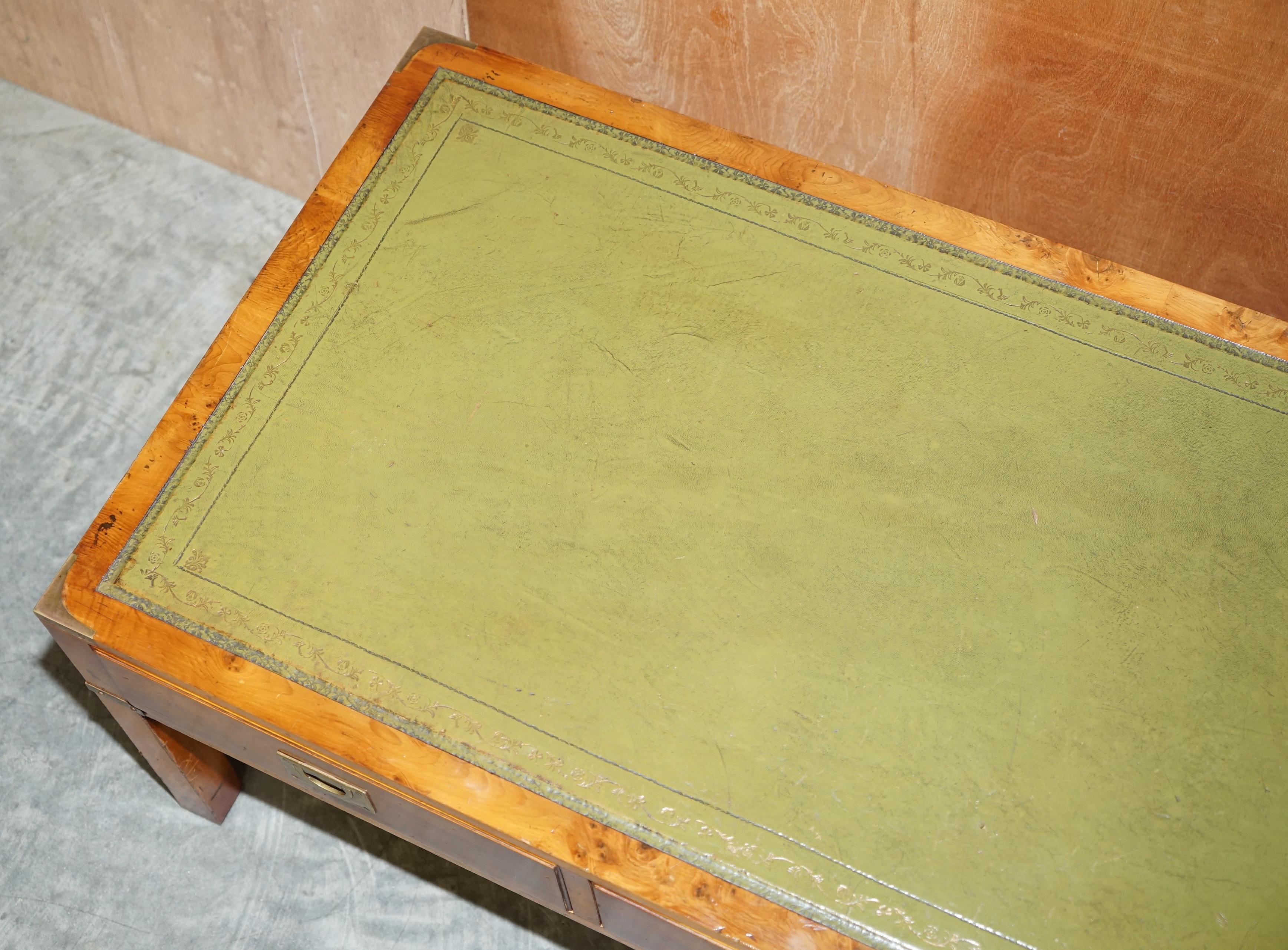 Hand-Crafted Harrods Kennedy Military Campaign Burr Elm Coffee Table Green Leather Surface