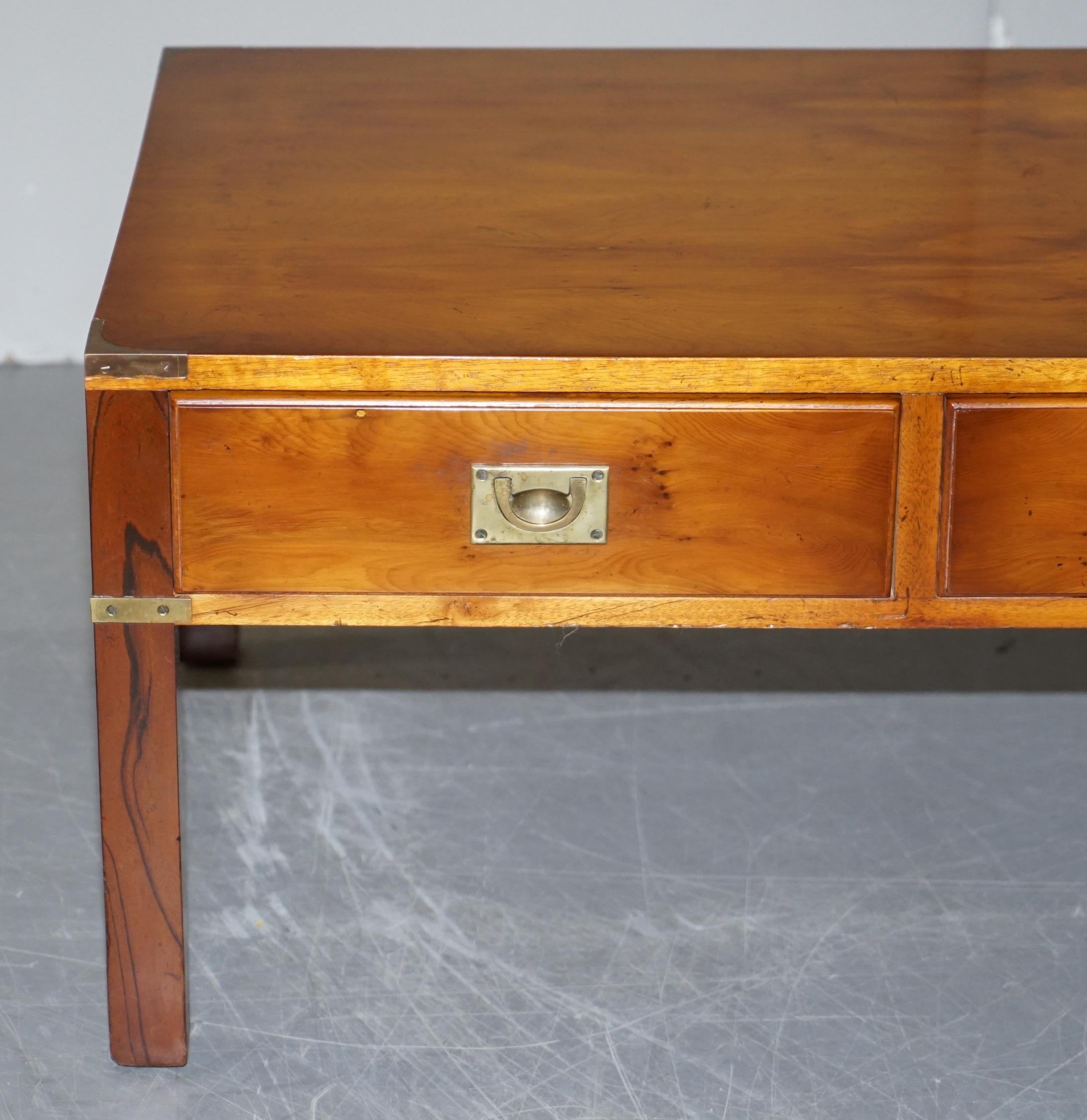 English Harrods Kennedy Military Campaign Burr Yew Wood & Brass 3 Drawer Coffee Table