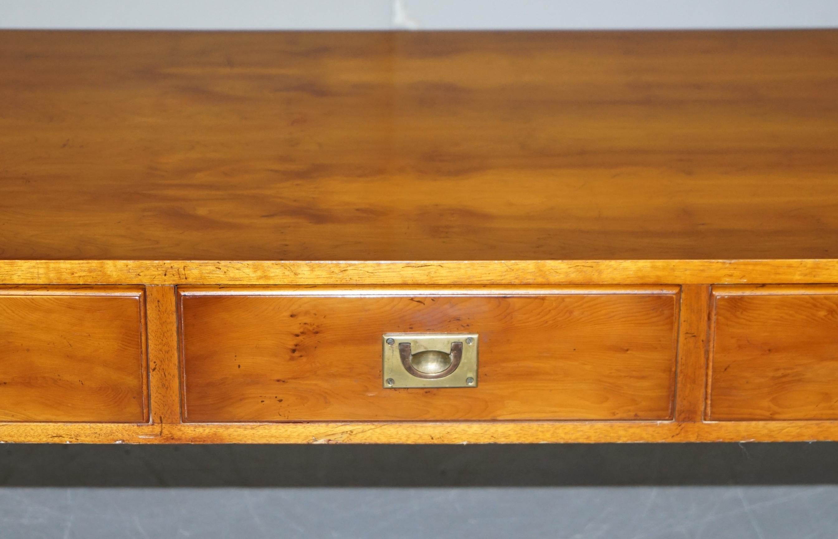 Hand-Crafted Harrods Kennedy Military Campaign Burr Yew Wood & Brass 3 Drawer Coffee Table