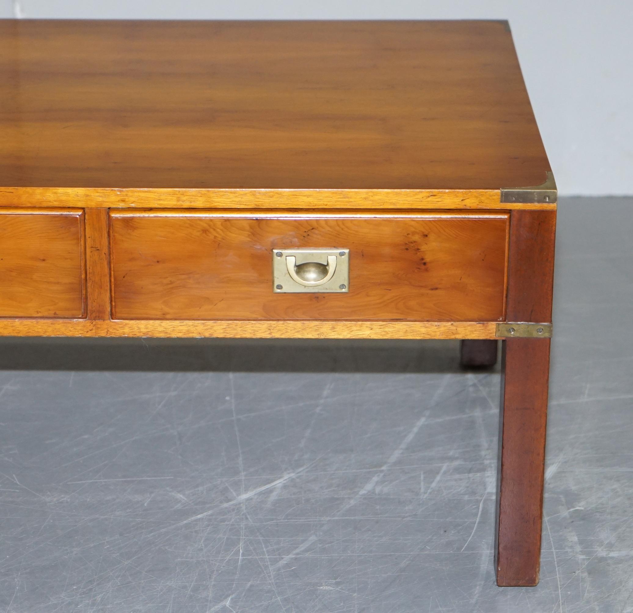 20th Century Harrods Kennedy Military Campaign Burr Yew Wood & Brass 3 Drawer Coffee Table