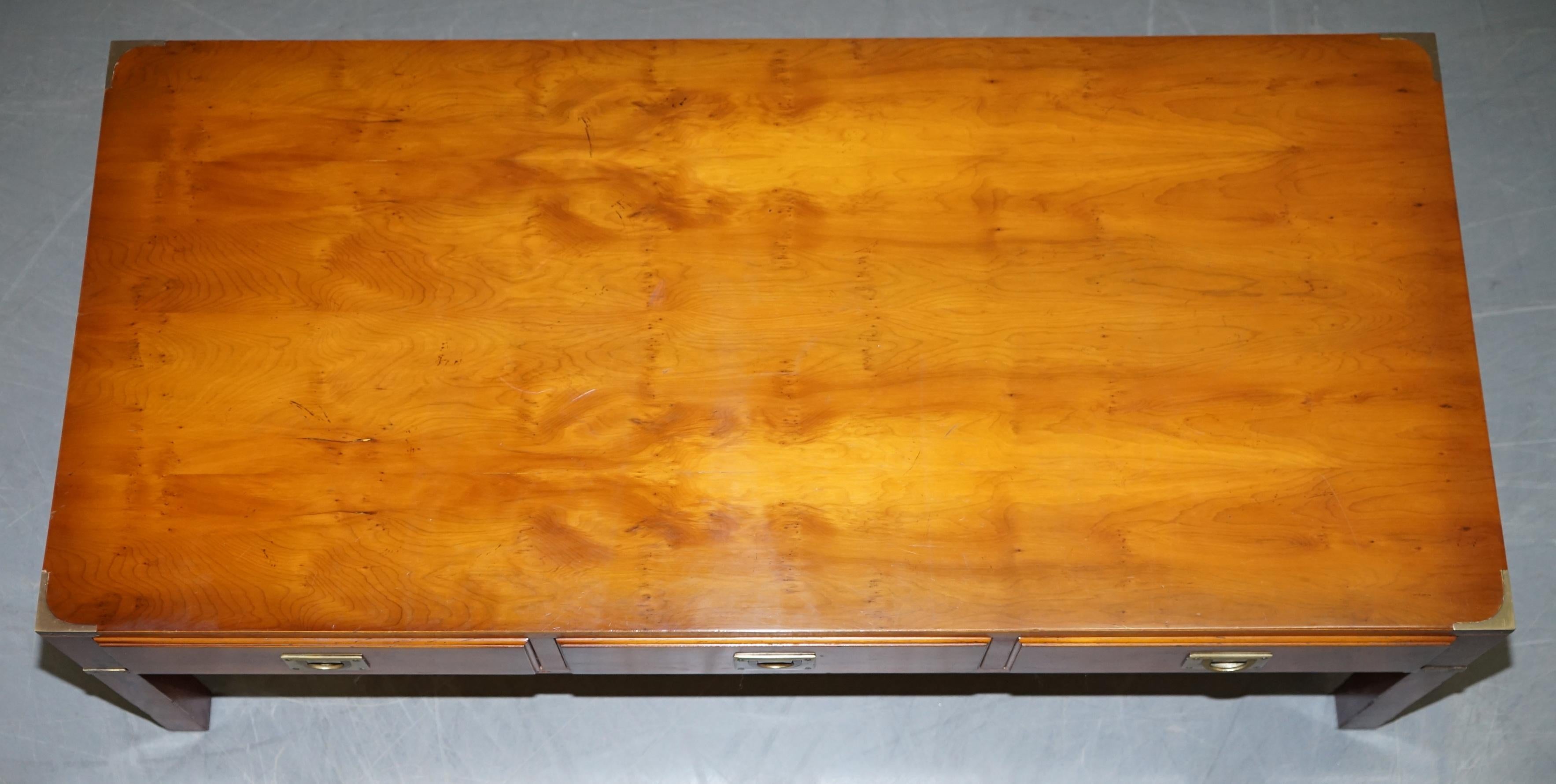 Harrods Kennedy Military Campaign Burr Yew Wood & Brass 3 Drawer Coffee Table 2