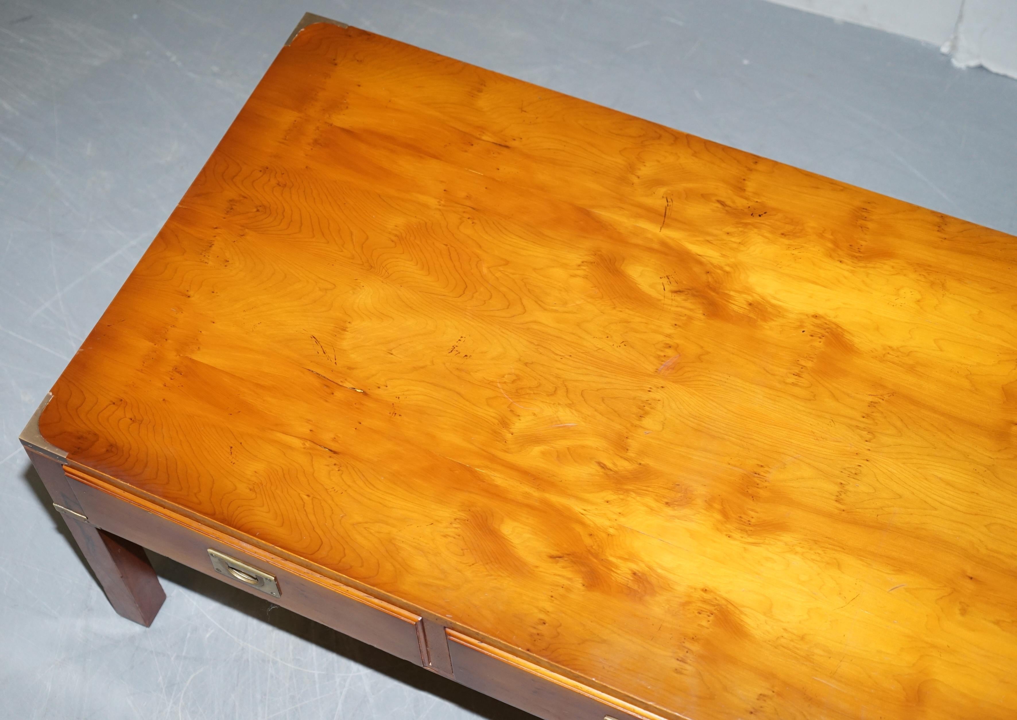 Harrods Kennedy Military Campaign Burr Yew Wood & Brass 3 Drawer Coffee Table 4