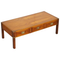 Harrods Kennedy Military Campaign Burr Yew Wood & Brass 3 Drawer Coffee Table