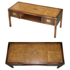 Harrods Kennedy Military Campaign Hardwood Coffee Table Brown Leather Top