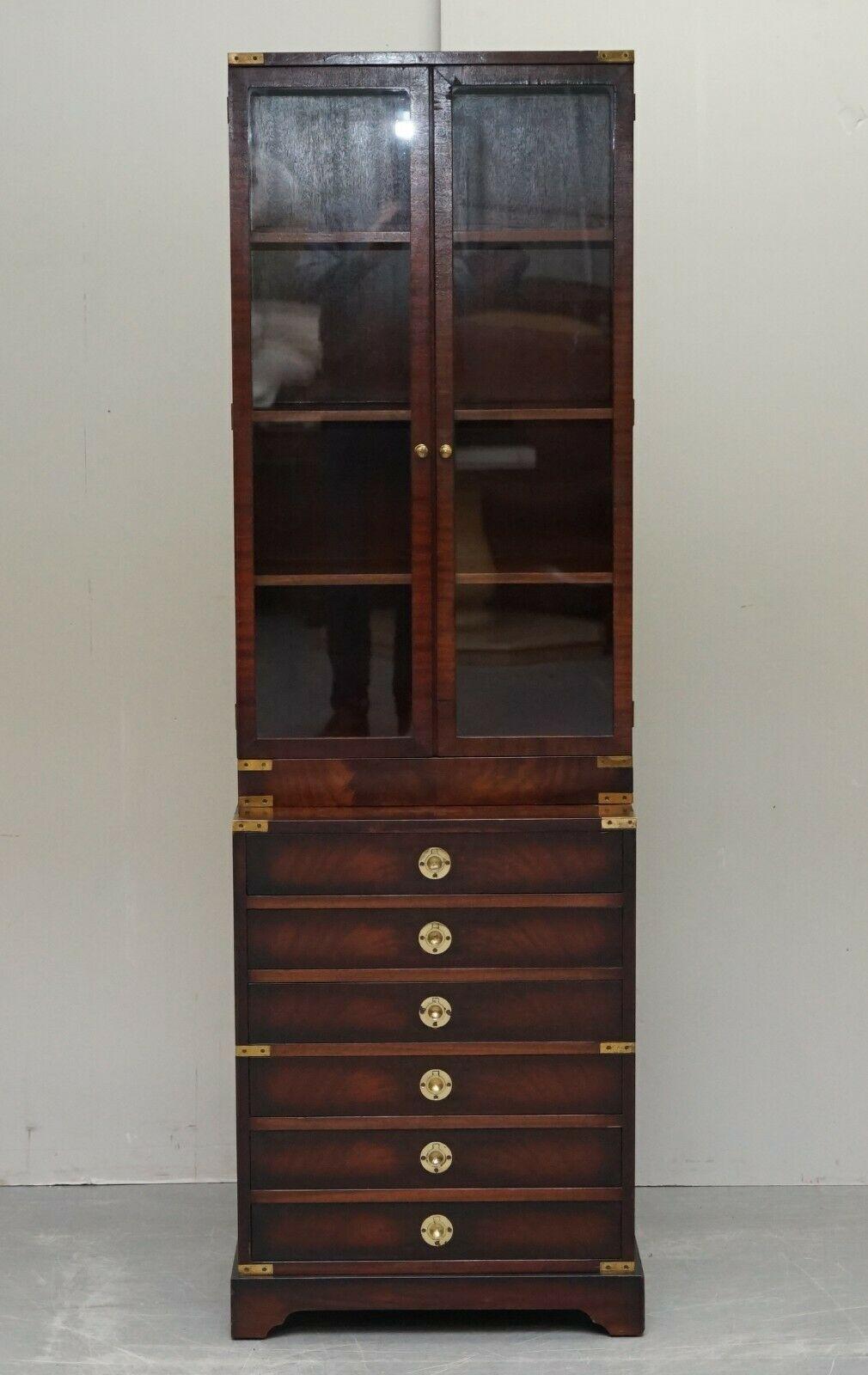 Glass Harrods Kennedy Military Campaign Hardwood Bookcases + Chest of Drawers
