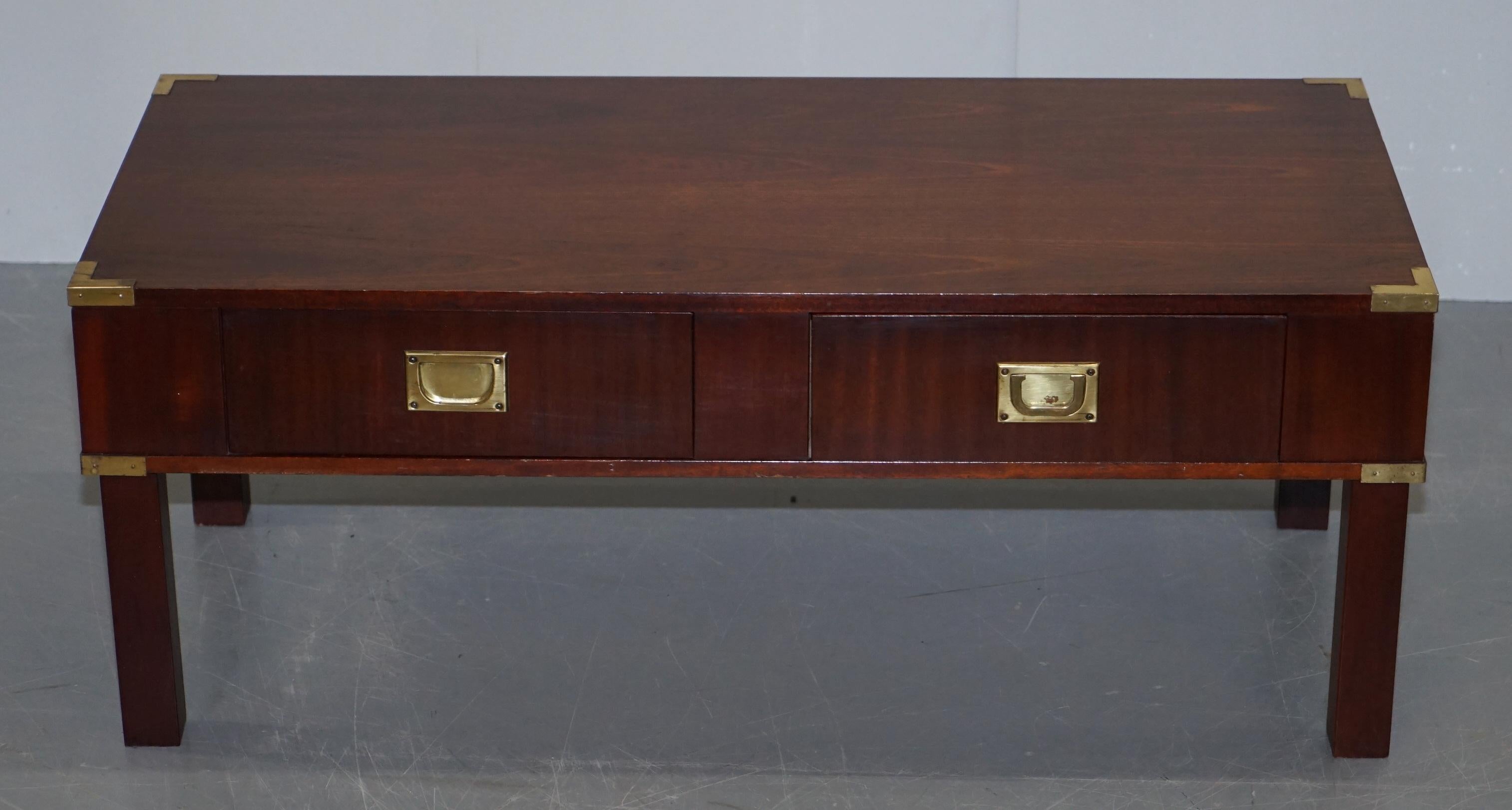 We are delighted to offer this vintage collectable Harrods London Military Campaign two drawer coffee table made by Kennedy 

This piece was sold through Harrods approximately 40-50 years ago, it was made by Kennedy who were Harrods oldest