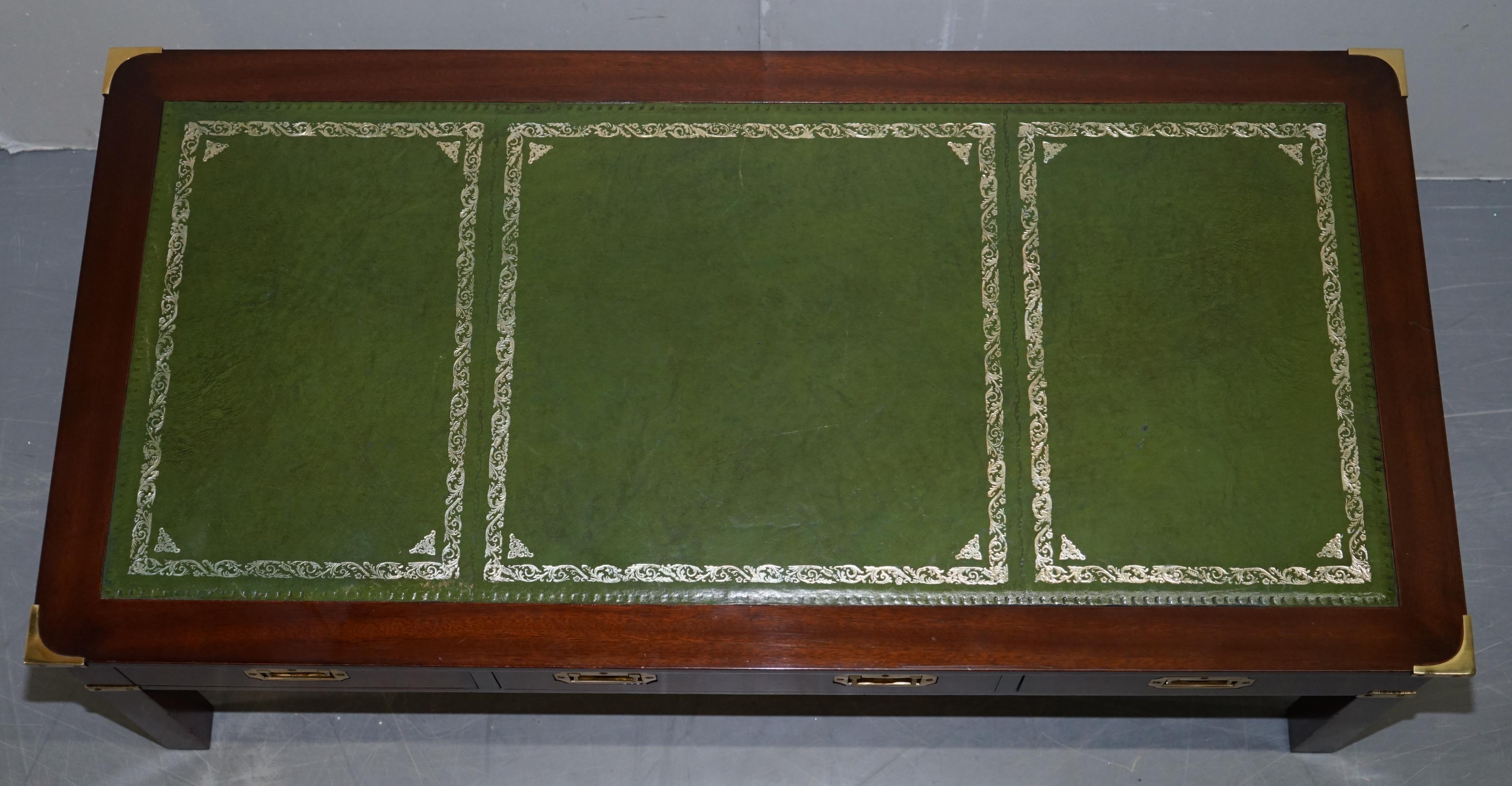 English Harrods Kennedy Military Campaign Hardwood Coffee Table Green Leather Surface