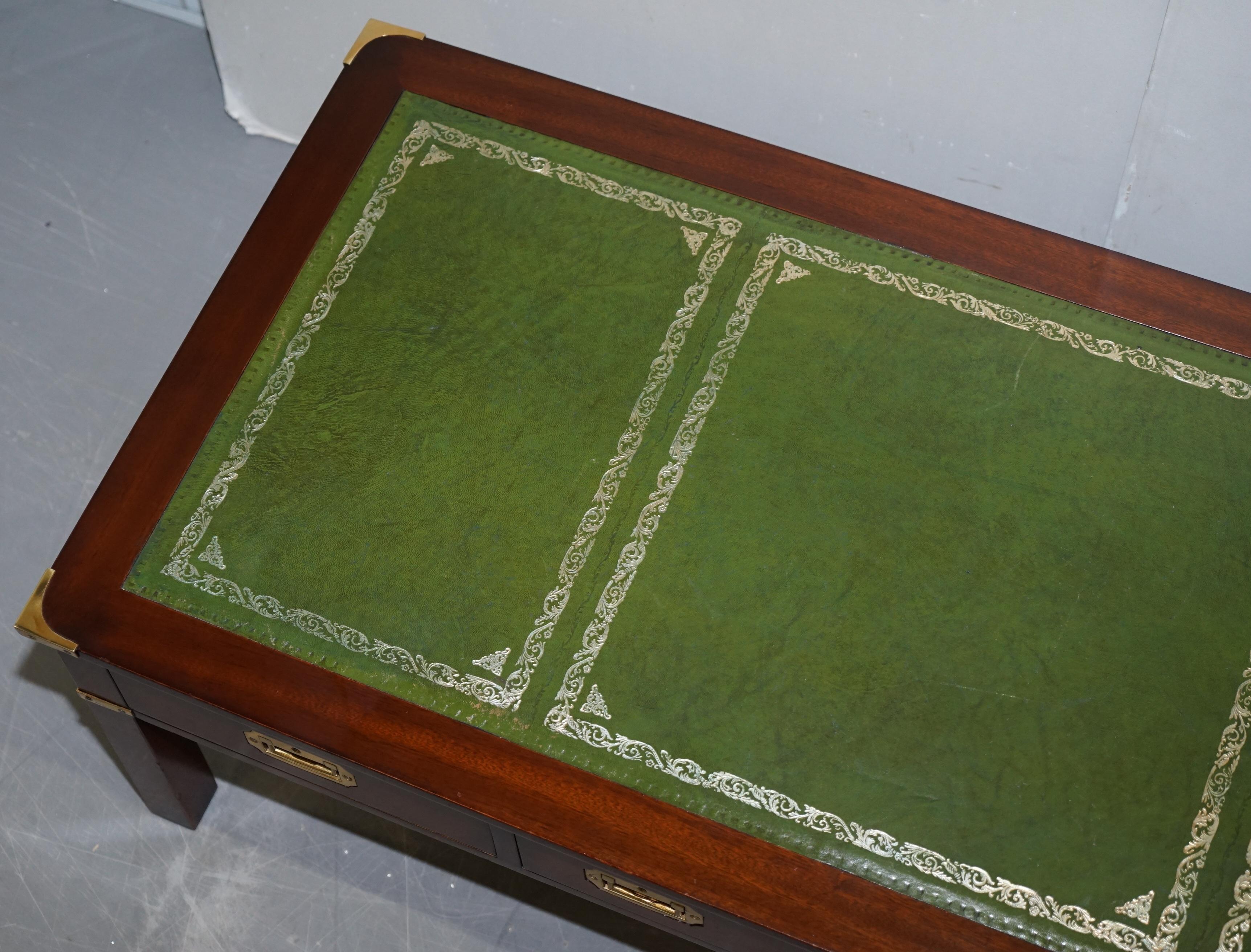 Hand-Crafted Harrods Kennedy Military Campaign Hardwood Coffee Table Green Leather Surface