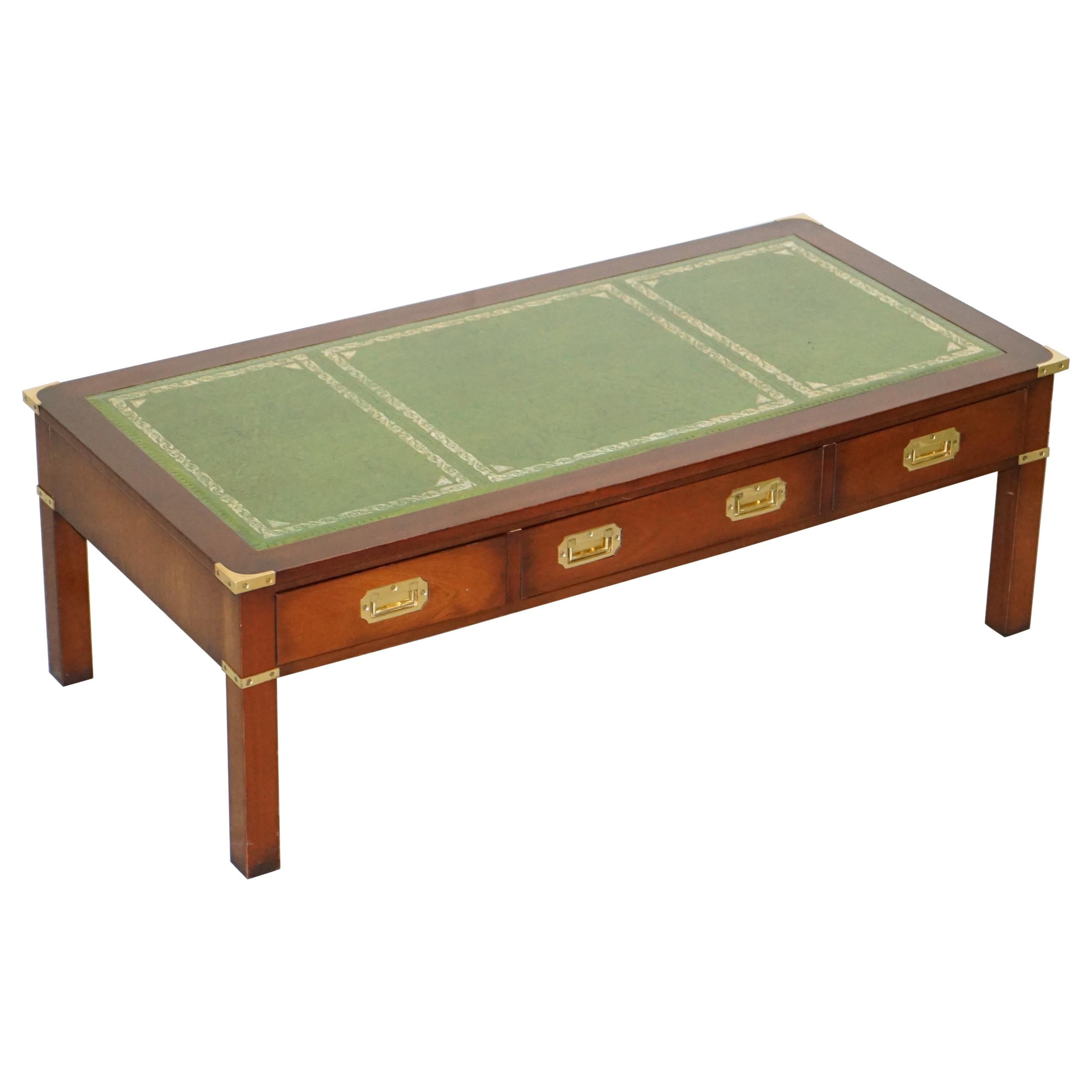 Harrods Kennedy Military Campaign Hardwood Coffee Table Green Leather Surface