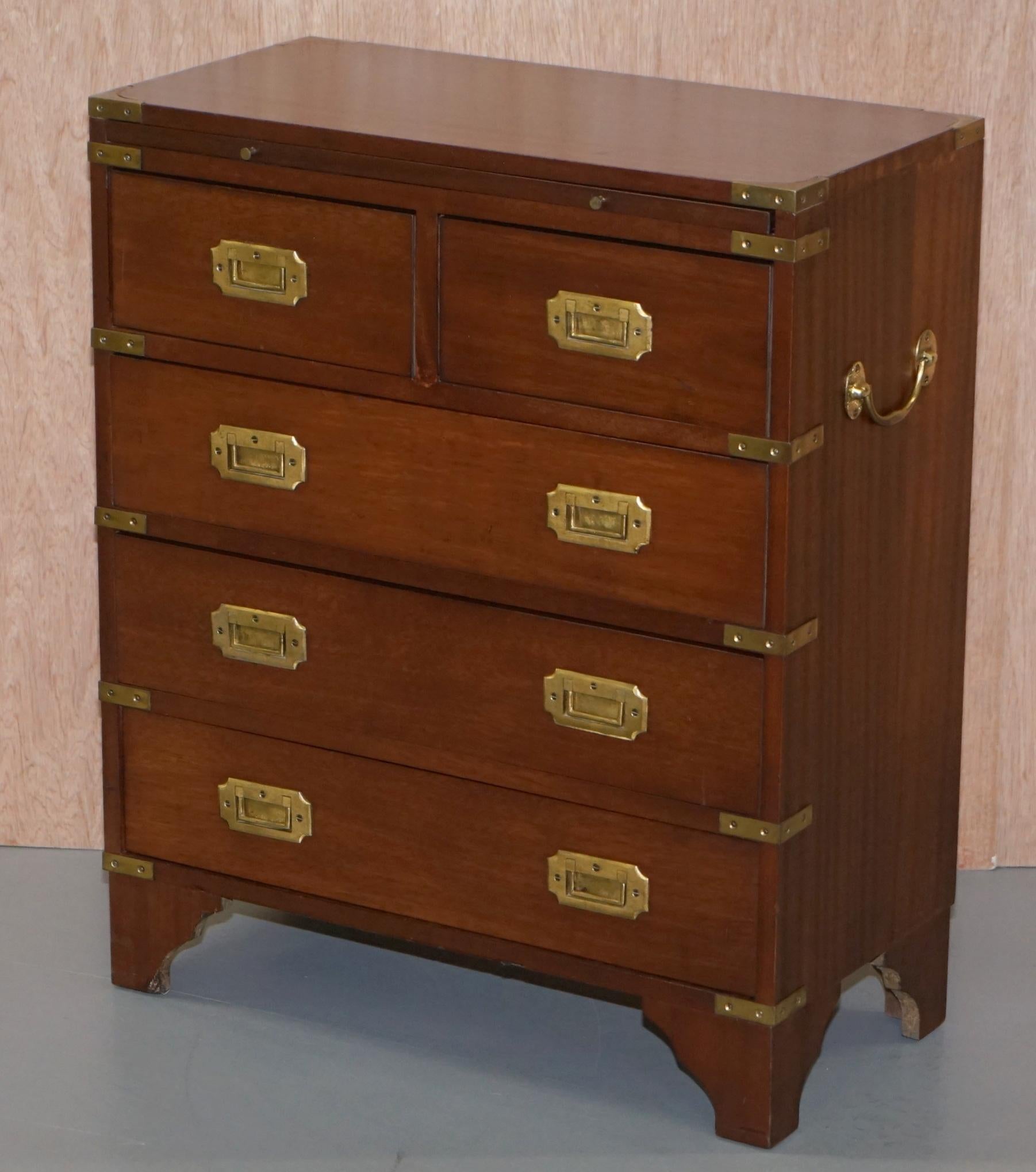 English Harrods Kennedy Military Campaign Small Chest of Drawers + Butlers Serving Tray
