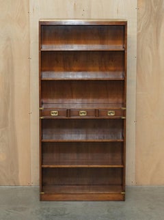 HARRODS KENNEDY THREE DRAWER BURR YEW WOOD & BRASS MiLITARY CAMPAIGN BOOKCASE