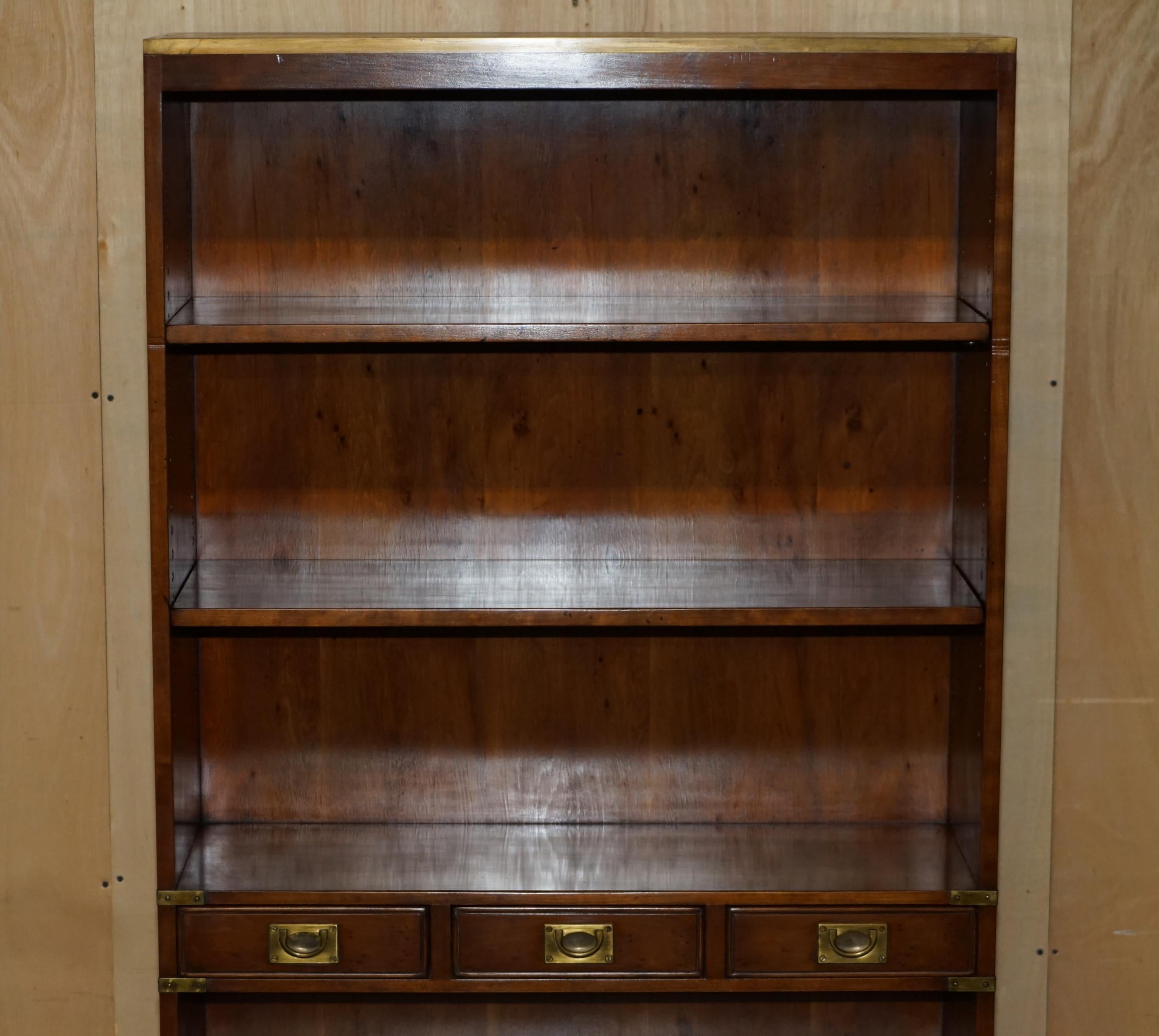 Campaign HARRODS KENNEDY THREE DRAWER BURR YEW WOOD & BRASS MiLITARY CAMPAIGN BOOKCASE