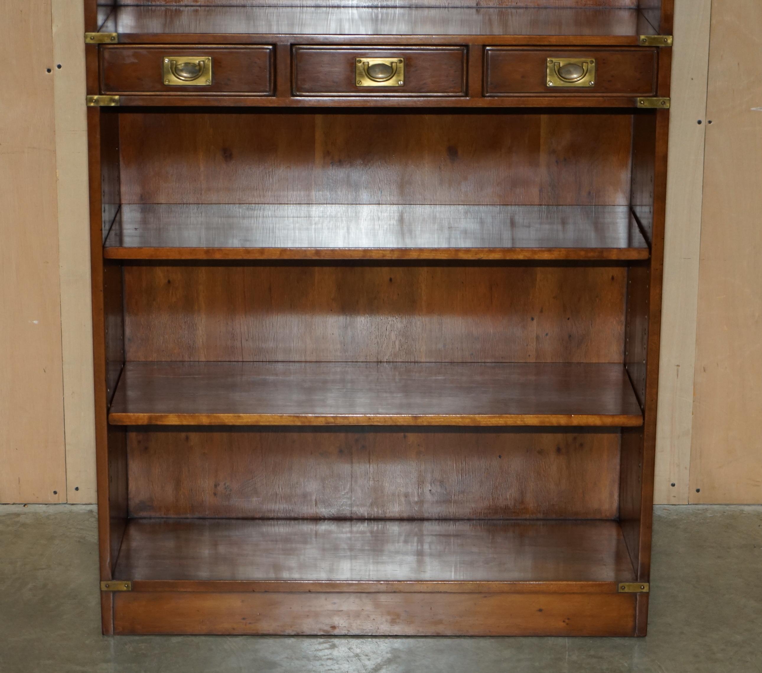 English HARRODS KENNEDY THREE DRAWER BURR YEW WOOD & BRASS MiLITARY CAMPAIGN BOOKCASE