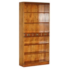 Vintage HARRODS KENNEDY THREE DRAWER BURR YEW WOOD & BRASS MiLITARY CAMPAIGN BOOKCASE