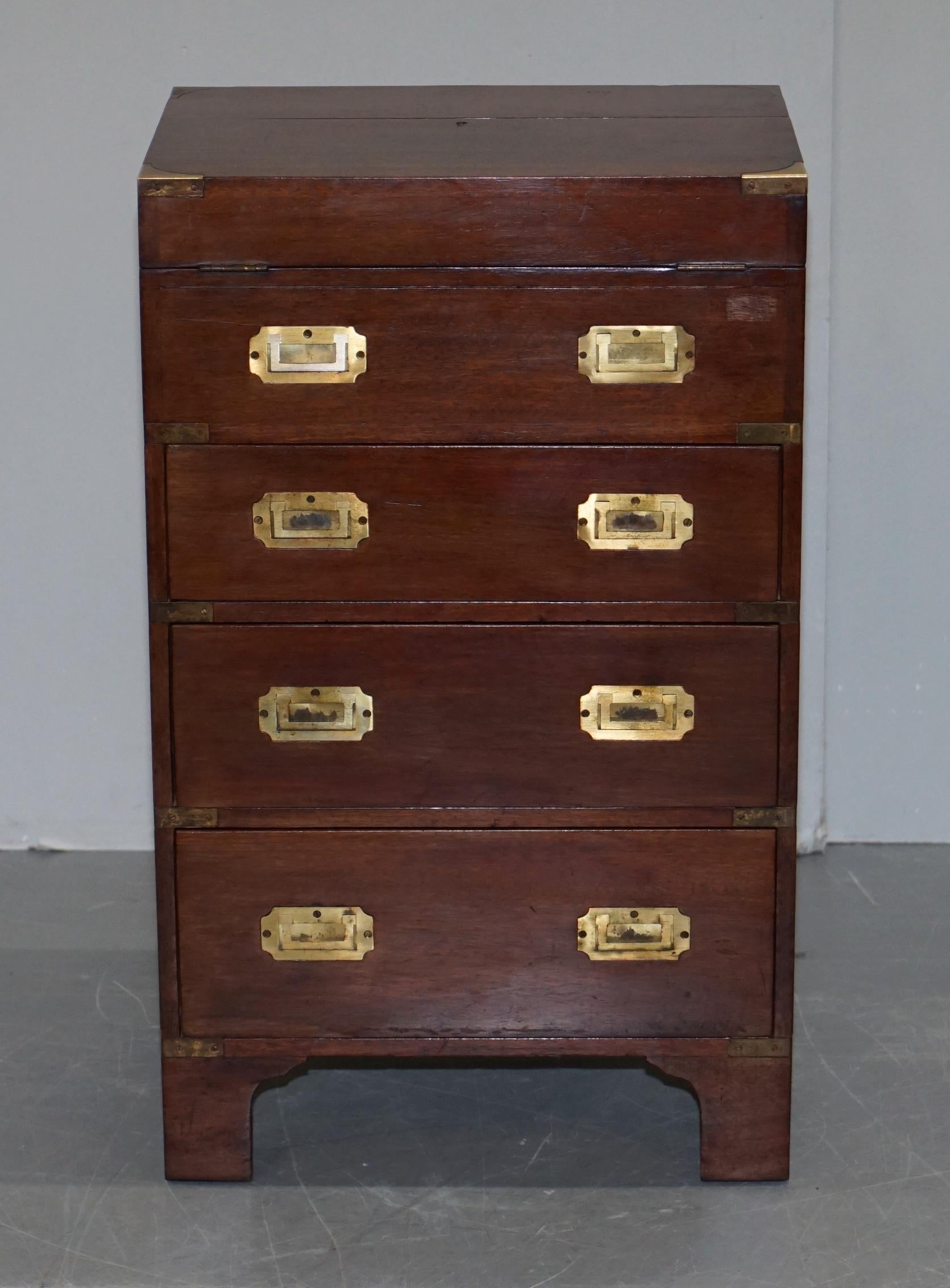 English Harrods Kenney Military Campaign Chest of Drawers Oxblood Leather Writing Slope