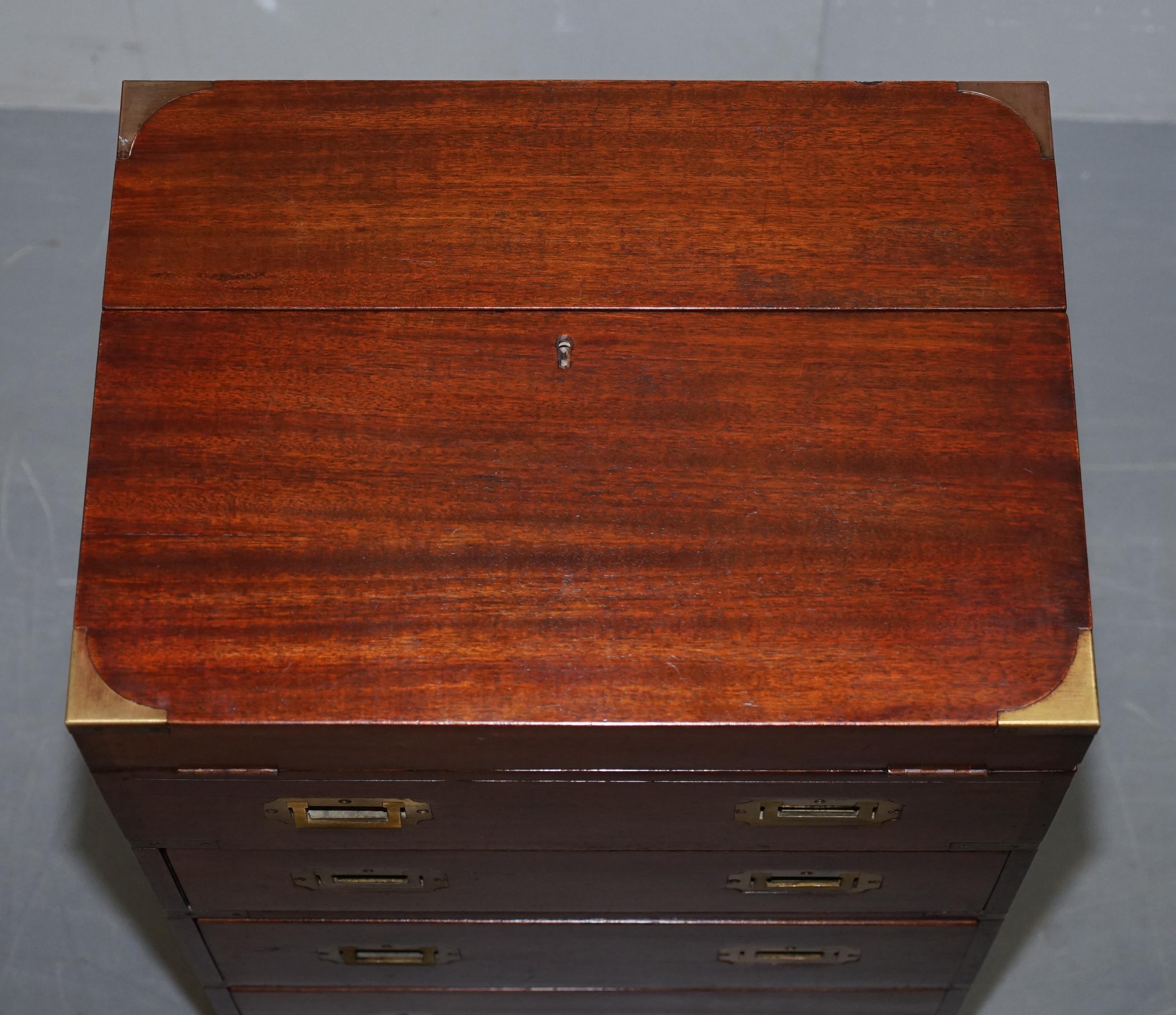 20th Century Harrods Kenney Military Campaign Chest of Drawers Oxblood Leather Writing Slope