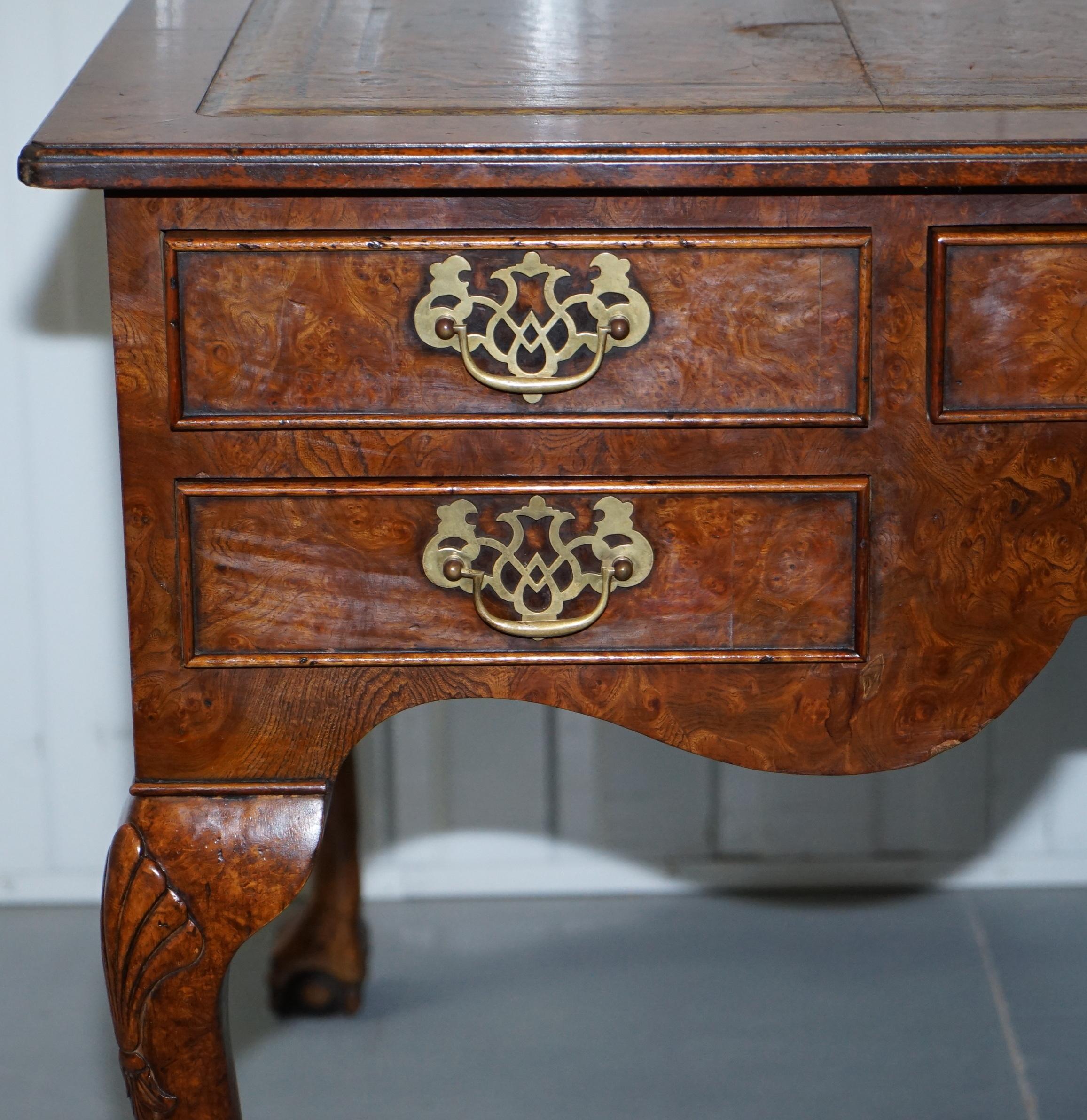 Harrods London Burr Walnut Brown Leather Claw and Ball Chippendale Partner Desk 5