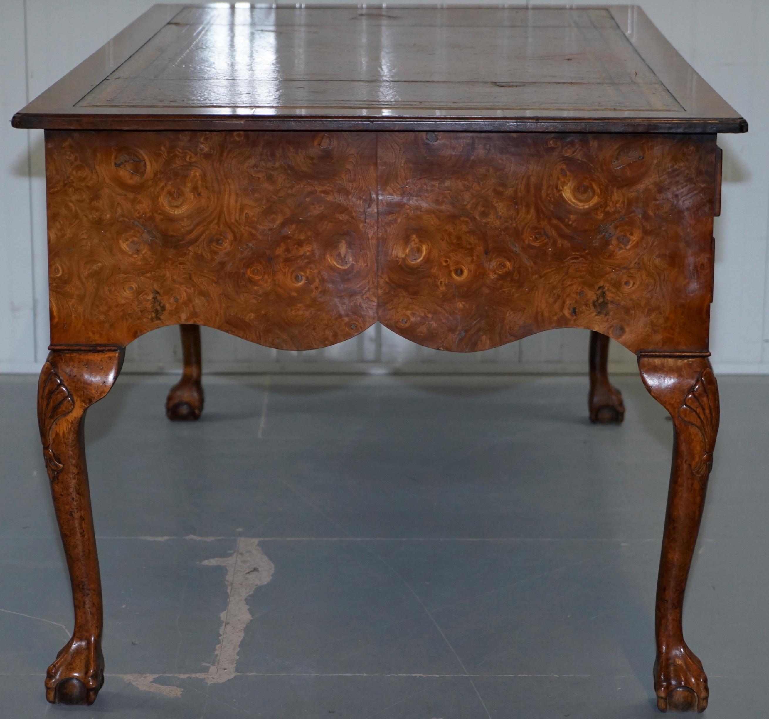 Harrods London Burr Walnut Brown Leather Claw and Ball Chippendale Partner Desk 10