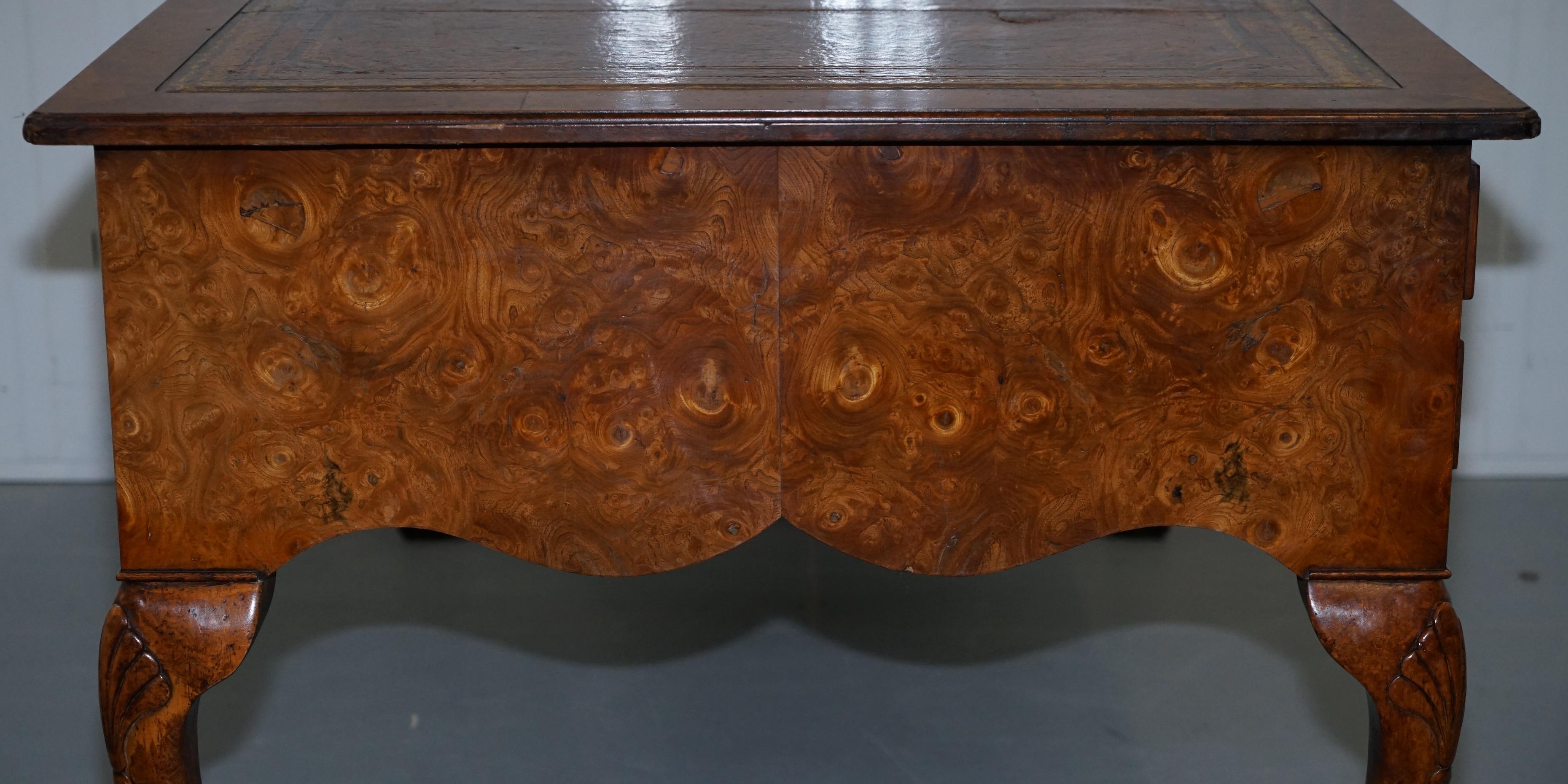 Harrods London Burr Walnut Brown Leather Claw and Ball Chippendale Partner Desk 13