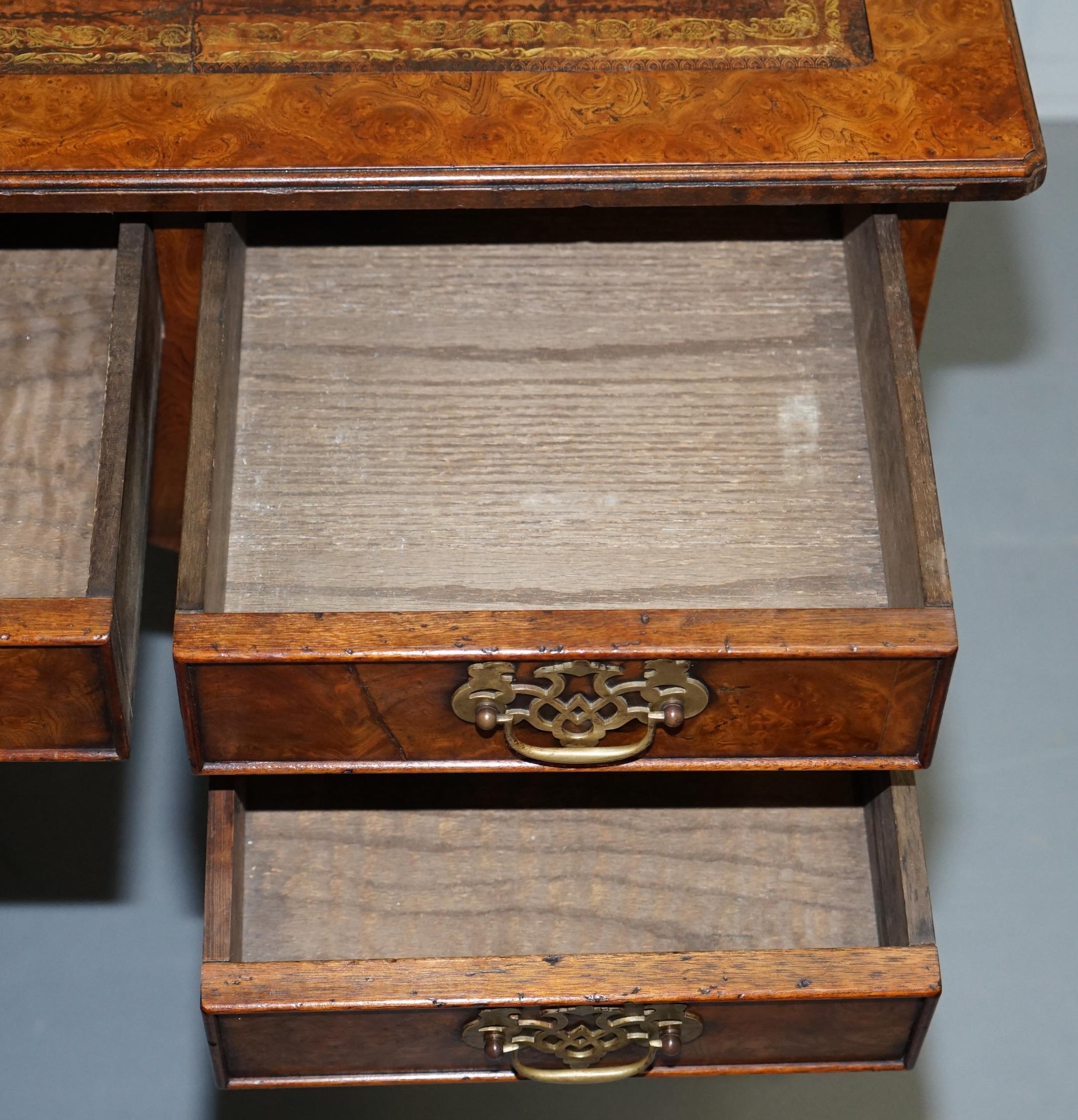 Harrods London Burr Walnut Brown Leather Claw and Ball Chippendale Partner Desk 15